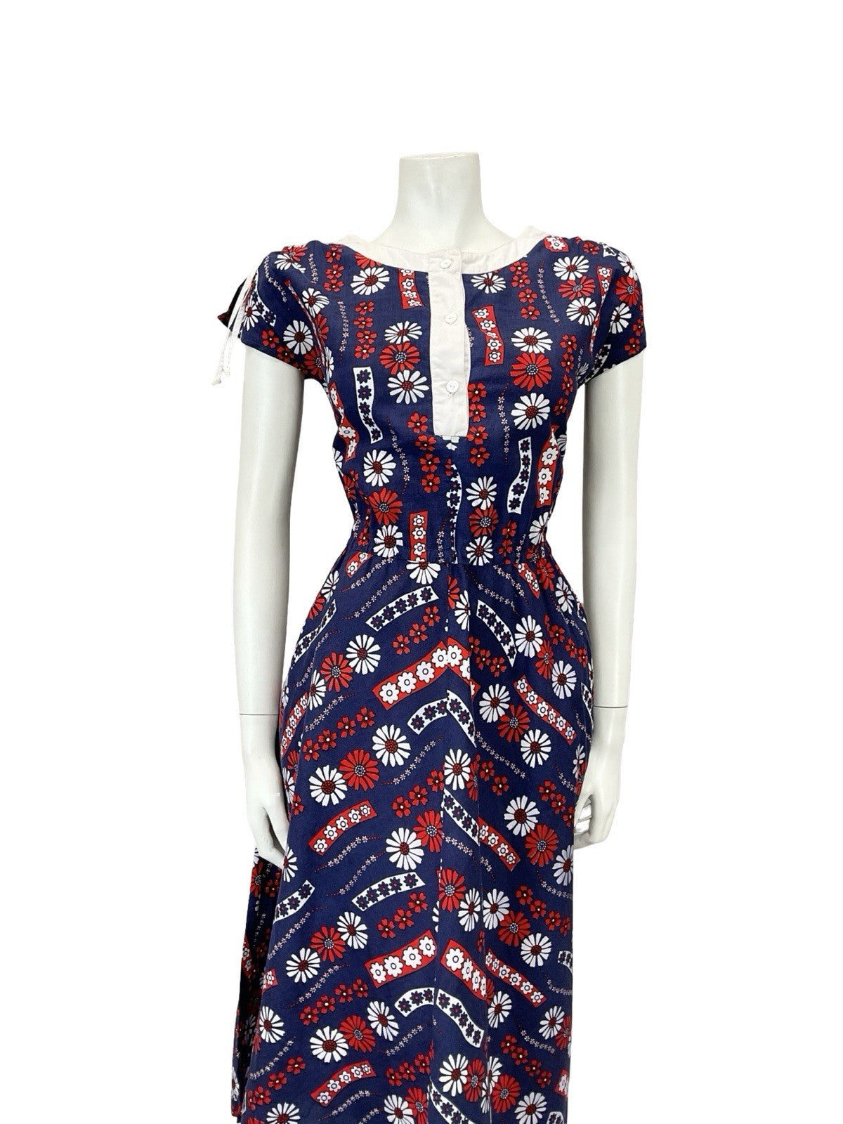 VTG 60S NAVY BLUE RED WHITE FLORAL GEOMETRIC ELASTICATED RUCHED SWING DRESS 10