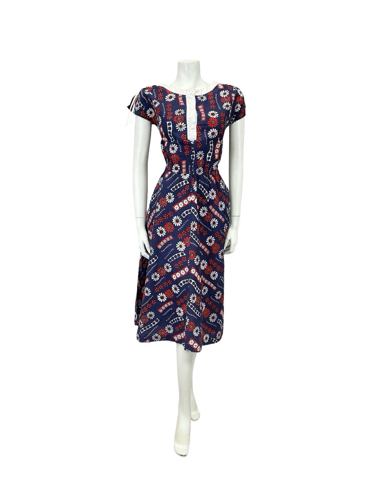 VTG 60S NAVY BLUE RED WHITE FLORAL GEOMETRIC ELASTICATED RUCHED SWING DRESS 10