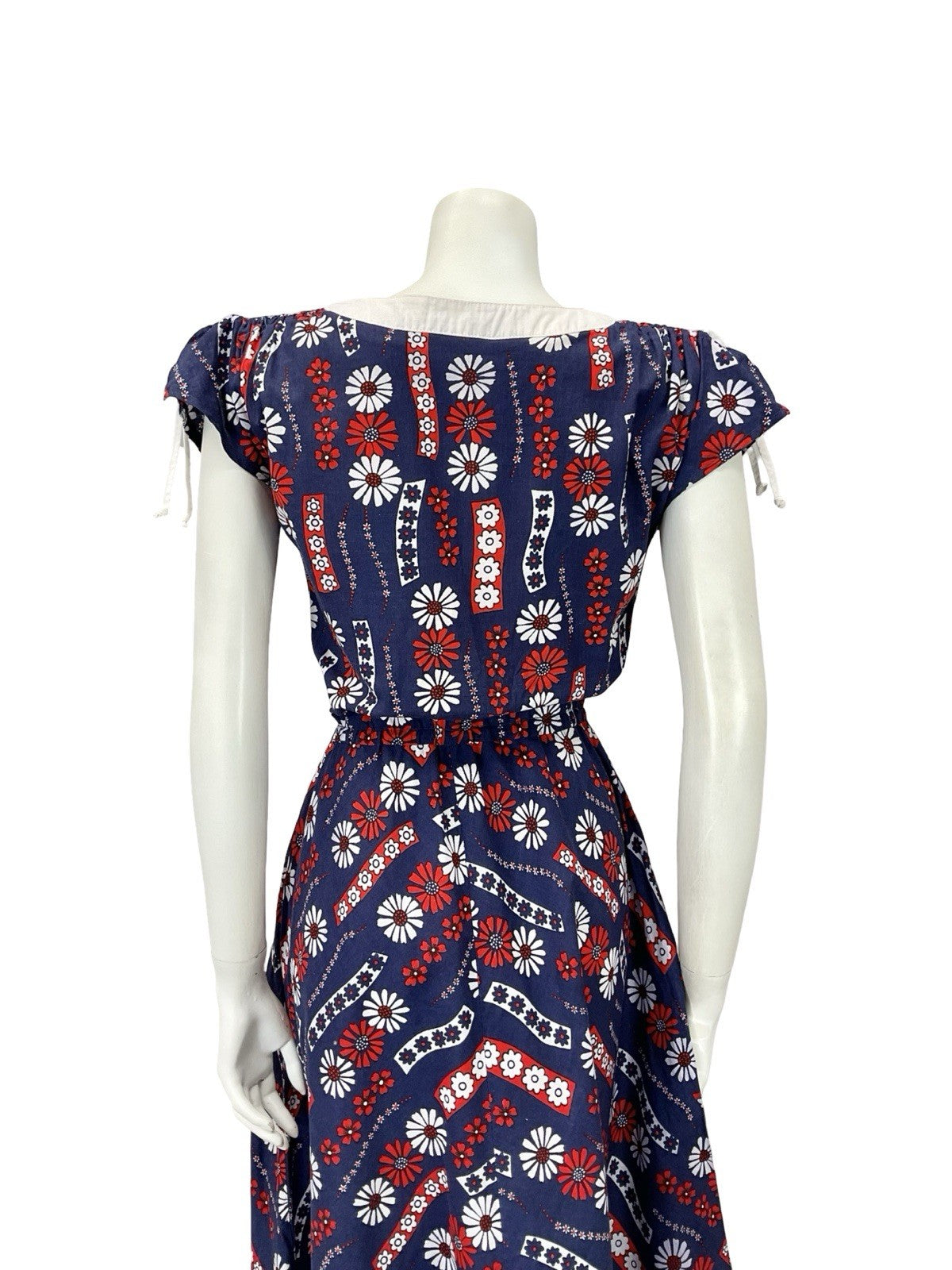 VTG 60S NAVY BLUE RED WHITE FLORAL GEOMETRIC ELASTICATED RUCHED SWING DRESS 10