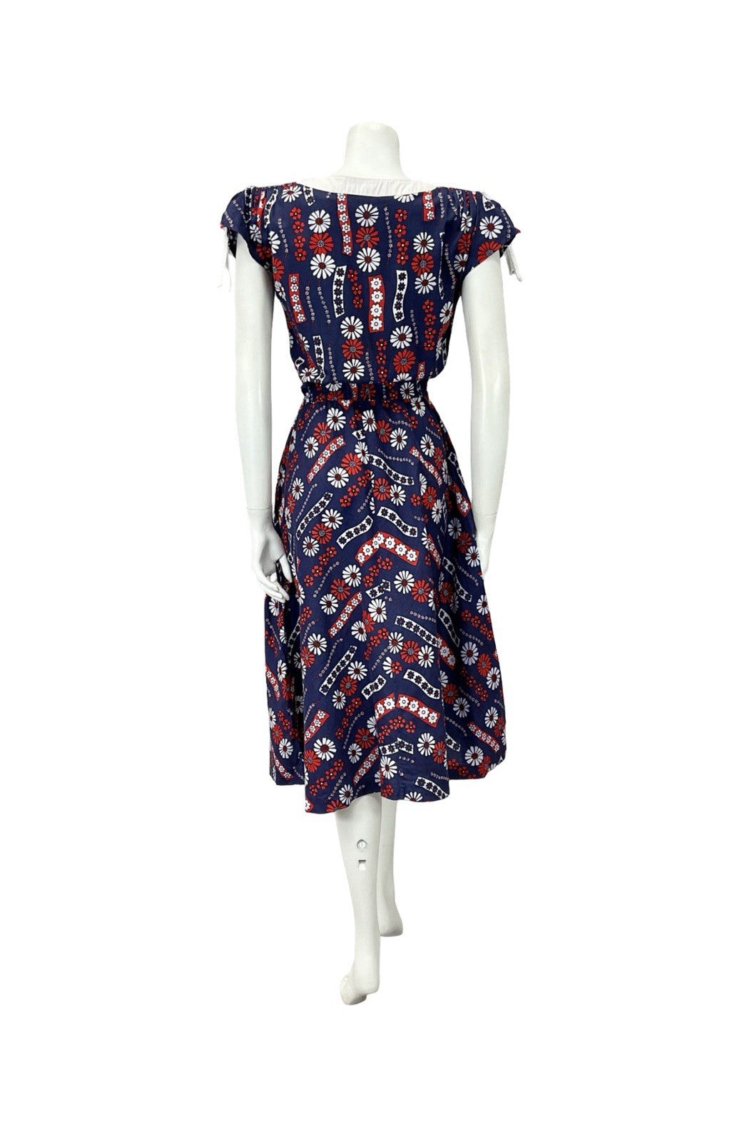 VTG 60S NAVY BLUE RED WHITE FLORAL GEOMETRIC ELASTICATED RUCHED SWING DRESS 10