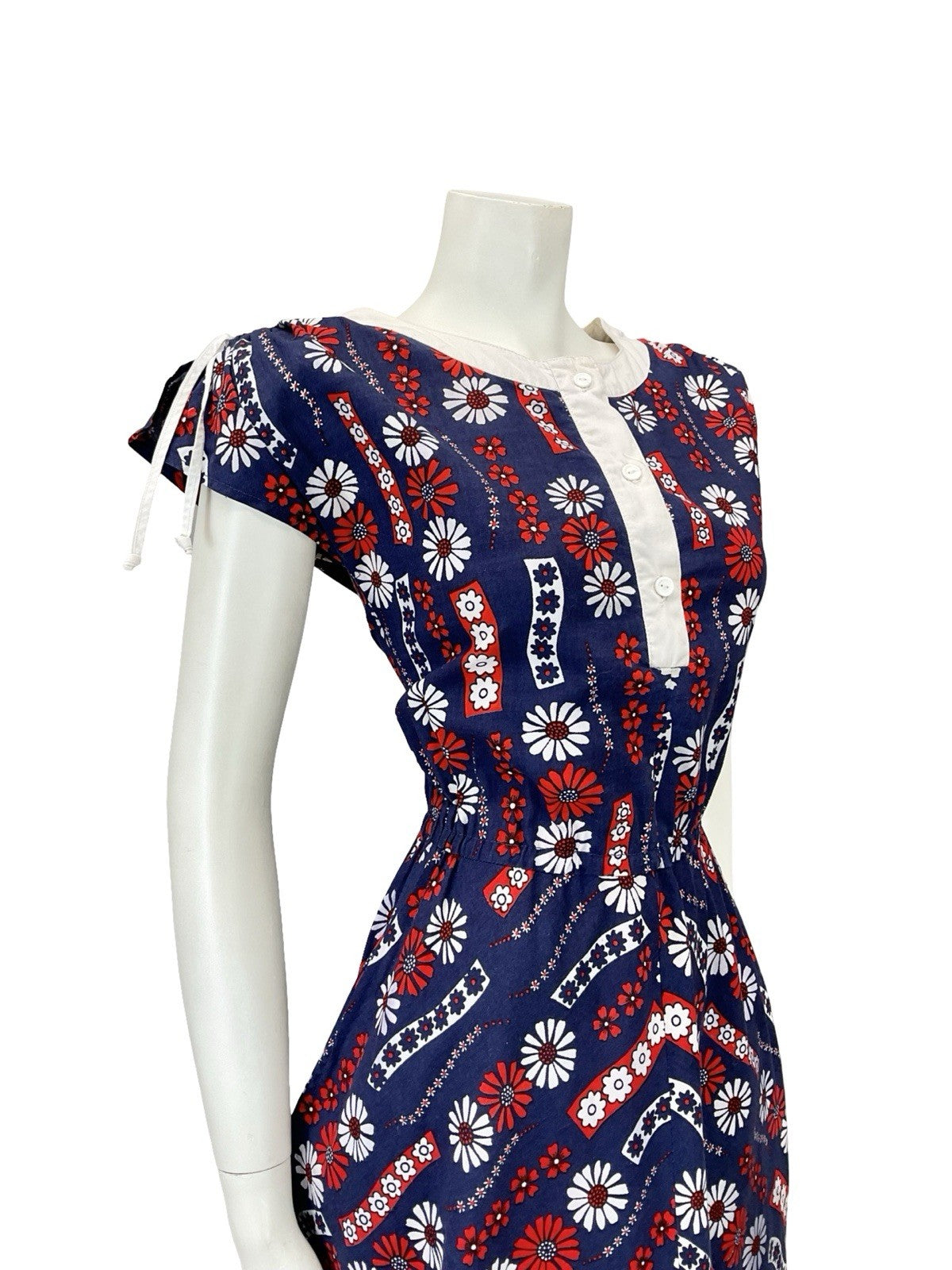 VTG 60S NAVY BLUE RED WHITE FLORAL GEOMETRIC ELASTICATED RUCHED SWING DRESS 10