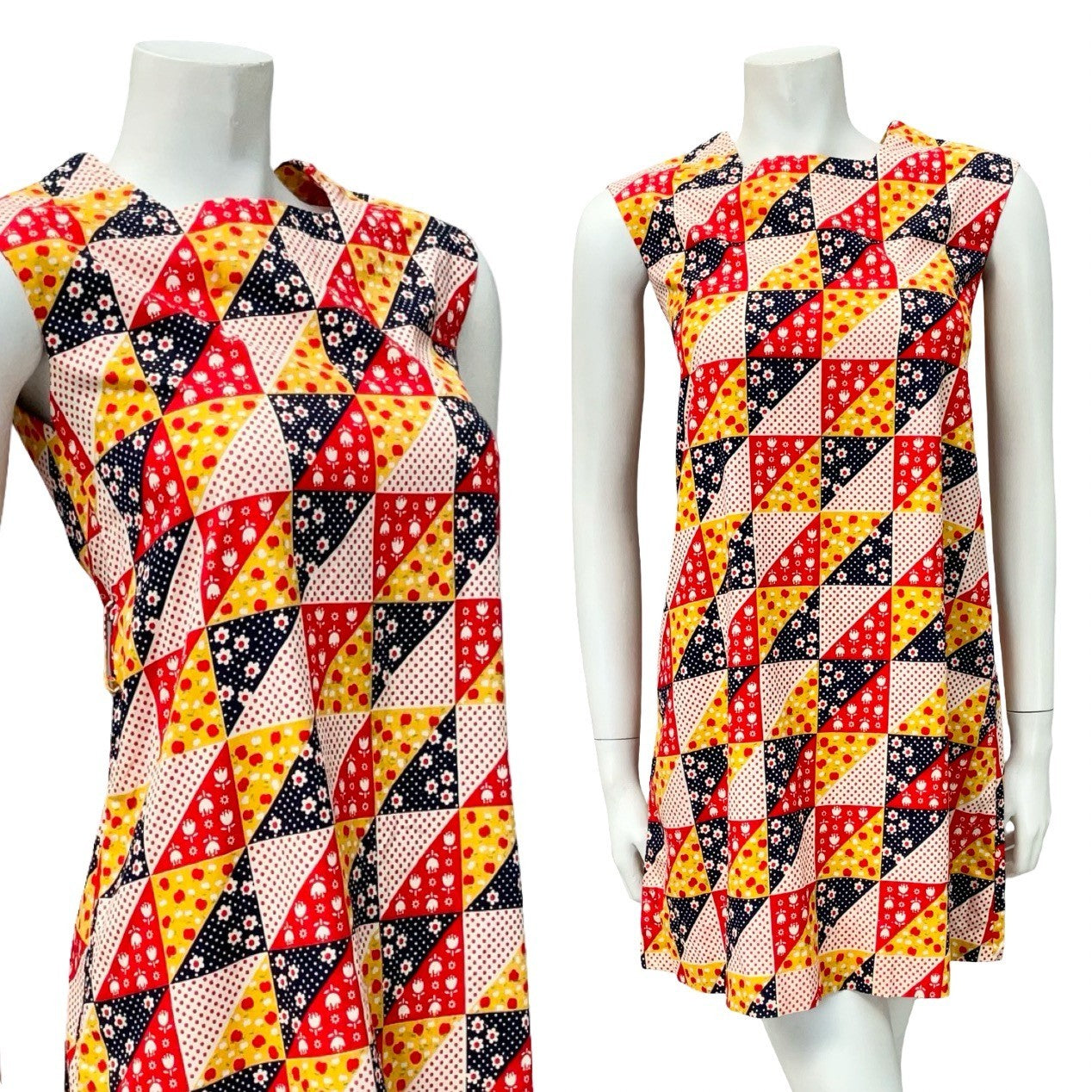 VTG 60S MOD RED WHITE BLUE YELLOW GEOMETRIC APPLE DAISY PINAFORE TENT DRESS 4