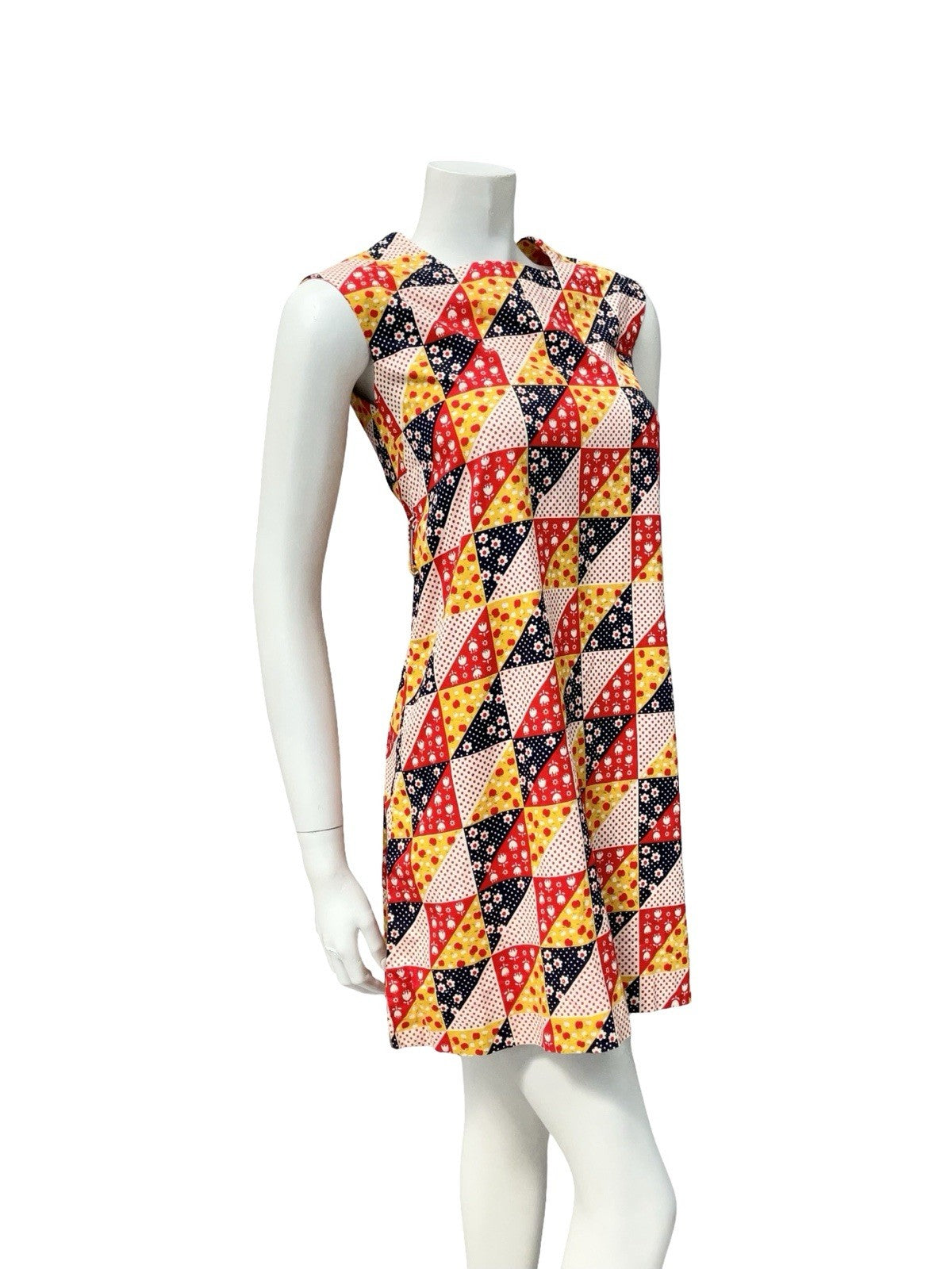VTG 60S MOD RED WHITE BLUE YELLOW GEOMETRIC APPLE DAISY PINAFORE TENT DRESS 4