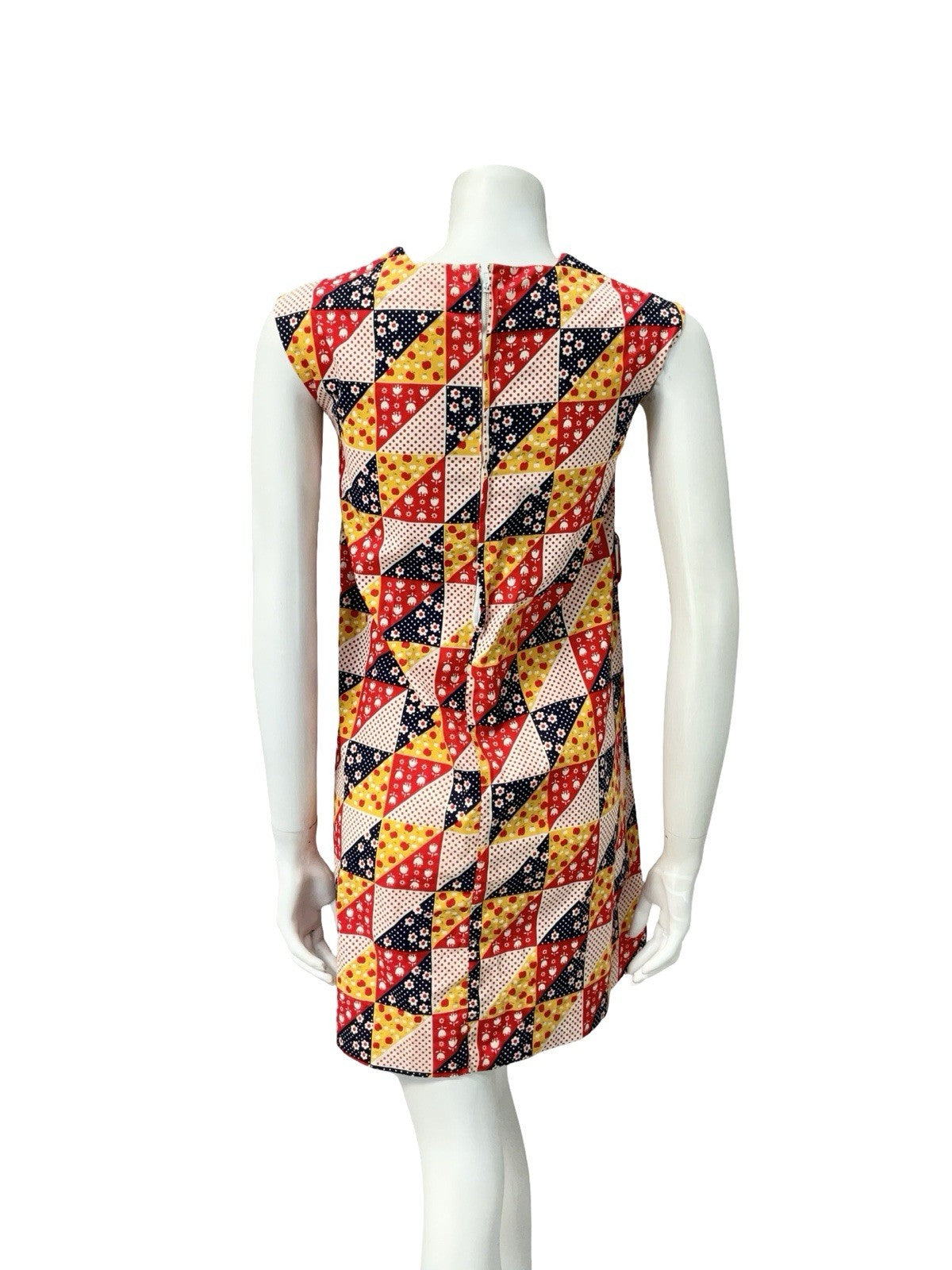 VTG 60S MOD RED WHITE BLUE YELLOW GEOMETRIC APPLE DAISY PINAFORE TENT DRESS 4