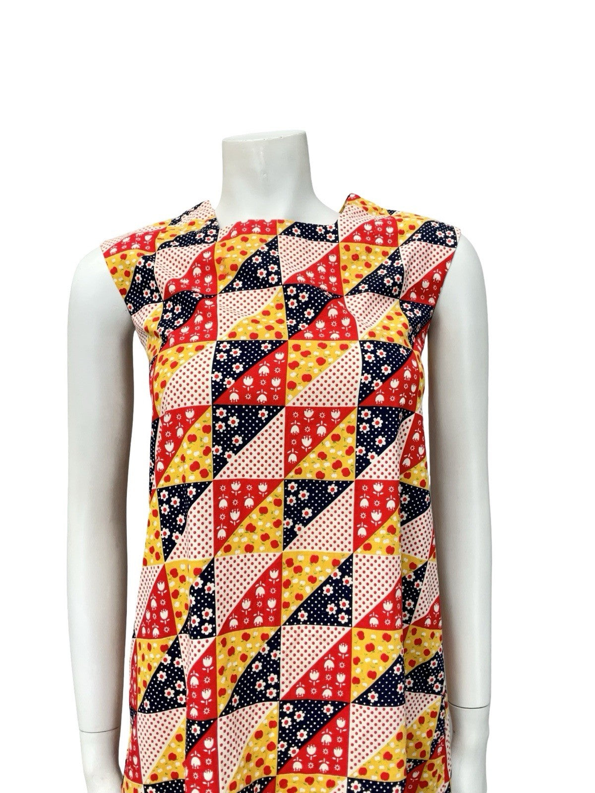 VTG 60S MOD RED WHITE BLUE YELLOW GEOMETRIC APPLE DAISY PINAFORE TENT DRESS 4