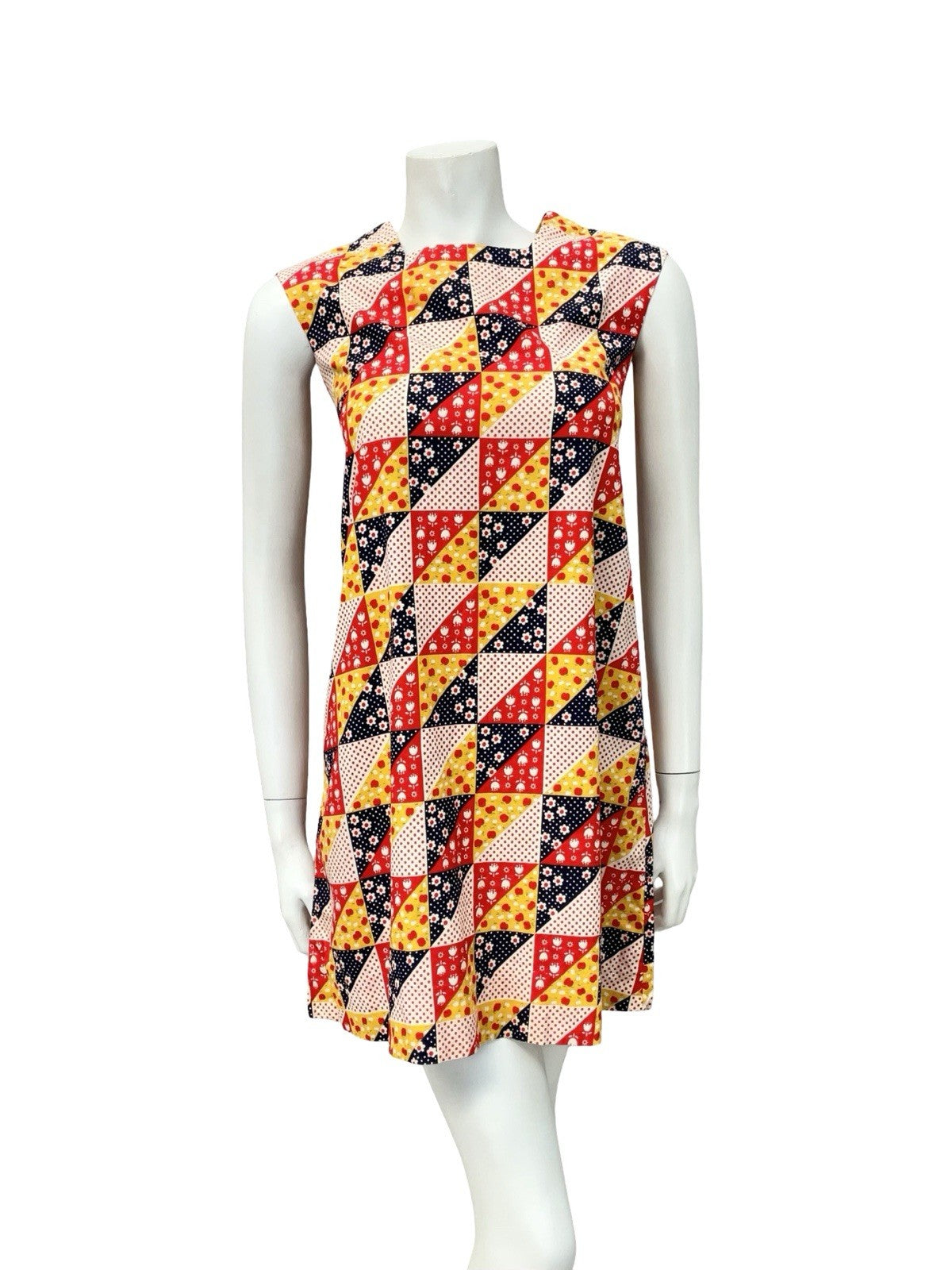 VTG 60S MOD RED WHITE BLUE YELLOW GEOMETRIC APPLE DAISY PINAFORE TENT DRESS 4