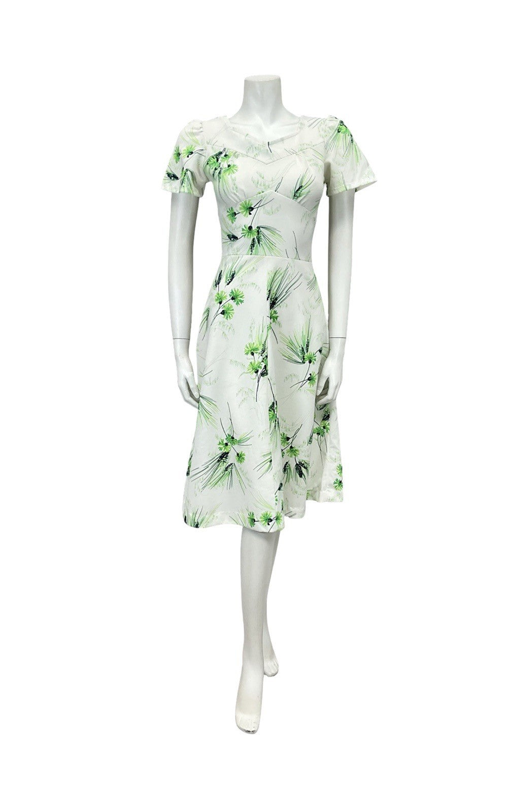VTG 60S WHITE GREEN FLORAL GRASS SWEETHEART A LINE ROCKABILLY SWING DRESS 8