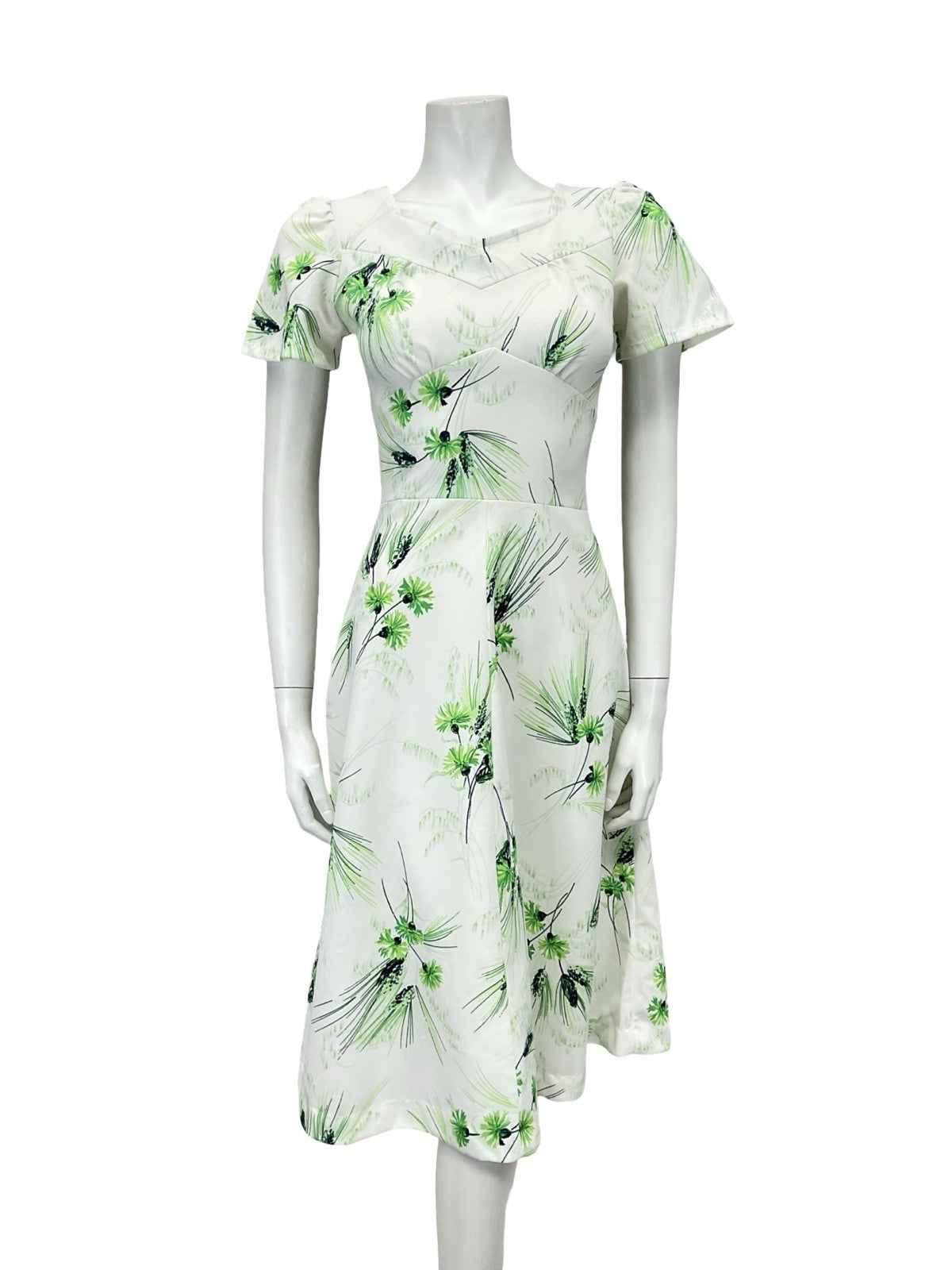 VTG 60S WHITE GREEN FLORAL GRASS SWEETHEART A LINE ROCKABILLY SWING DRESS 8