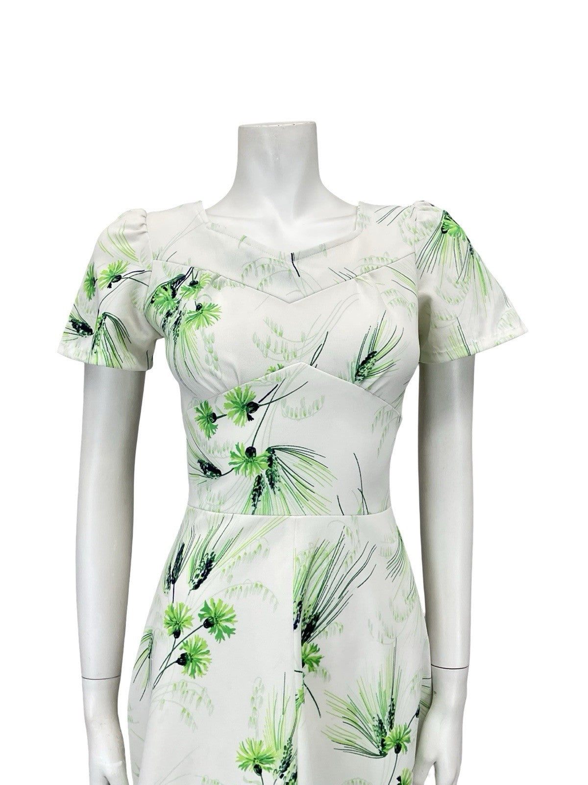 VTG 60S WHITE GREEN FLORAL GRASS SWEETHEART A LINE ROCKABILLY SWING DRESS 8