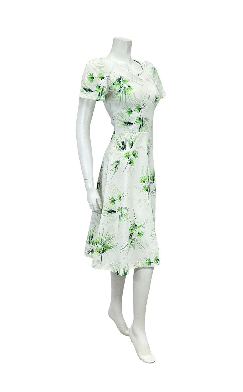 VTG 60S WHITE GREEN FLORAL GRASS SWEETHEART A LINE ROCKABILLY SWING DRESS 8