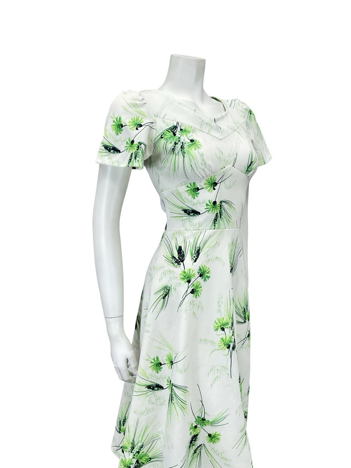 VTG 60S WHITE GREEN FLORAL GRASS SWEETHEART A LINE ROCKABILLY SWING DRESS 8