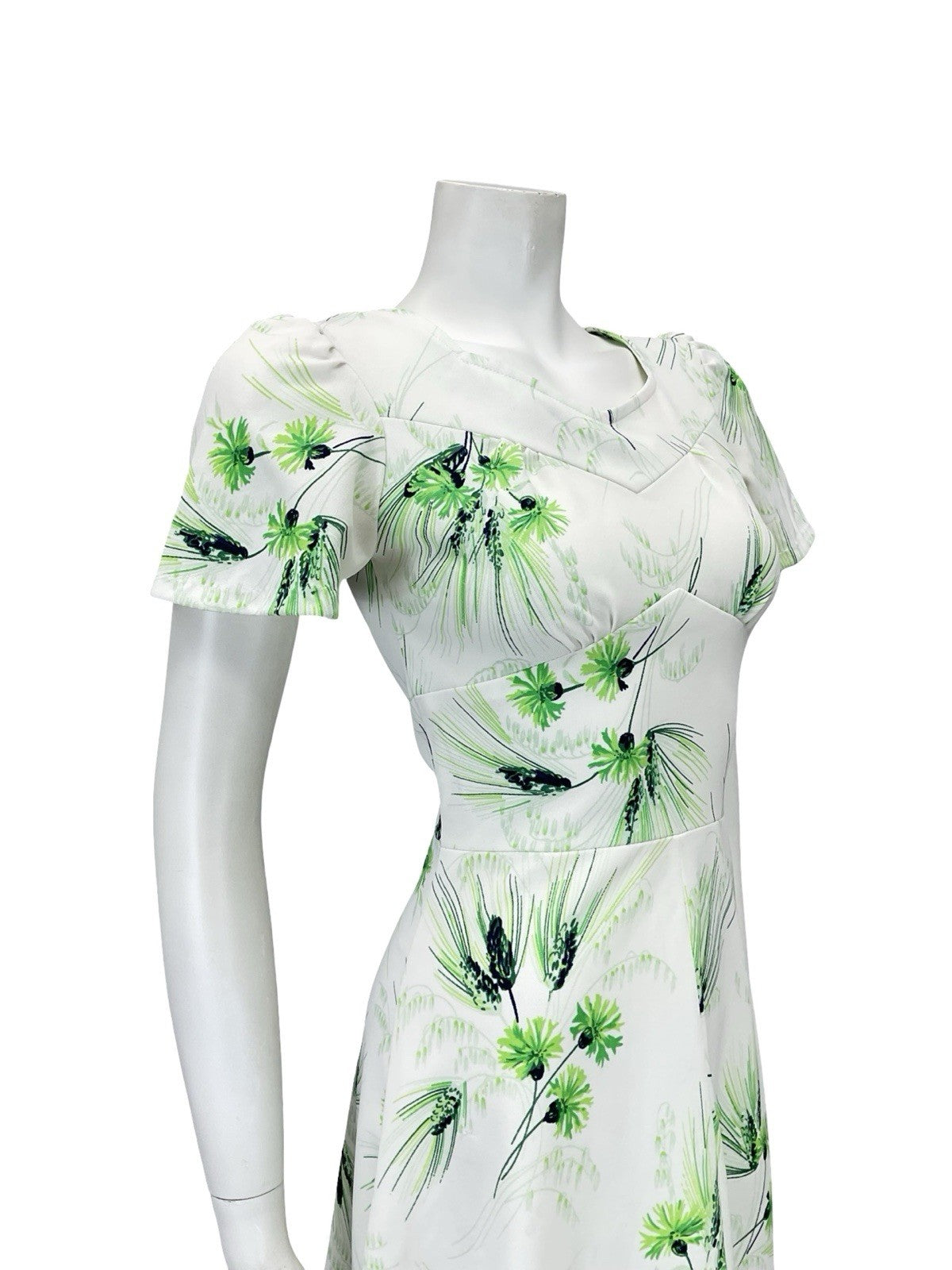 VTG 60S WHITE GREEN FLORAL GRASS SWEETHEART A LINE ROCKABILLY SWING DRESS 8