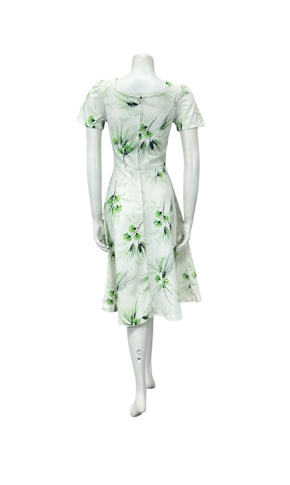 VTG 60S WHITE GREEN FLORAL GRASS SWEETHEART A LINE ROCKABILLY SWING DRESS 8