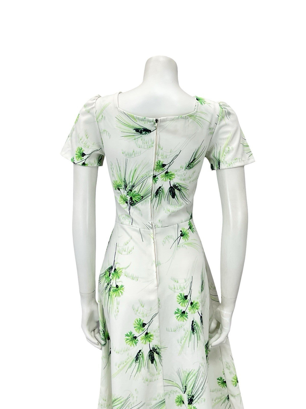 VTG 60S WHITE GREEN FLORAL GRASS SWEETHEART A LINE ROCKABILLY SWING DRESS 8