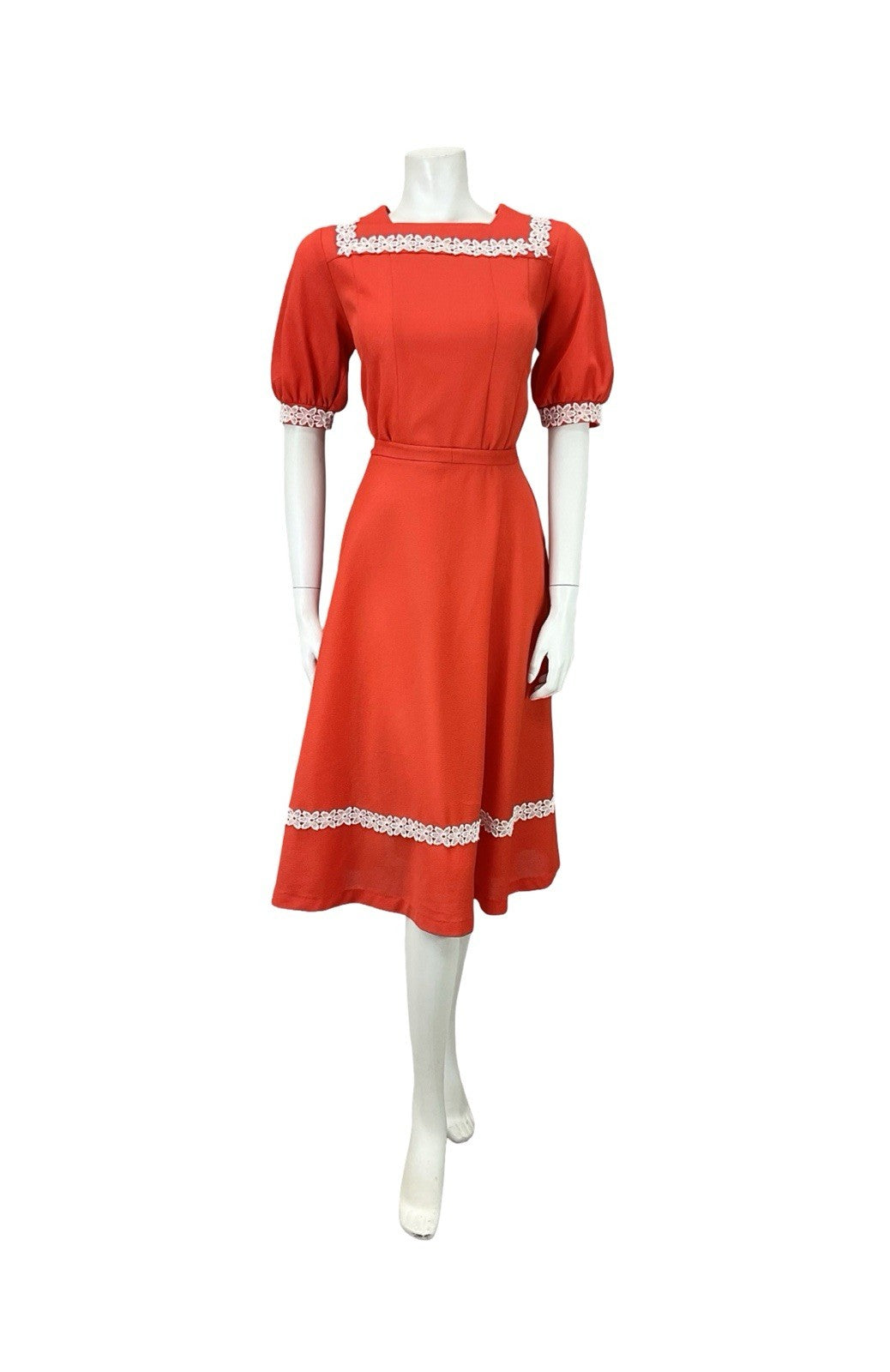VTG 70S BRIGHT RED WHITE FLORAL LACE PUFF SLEEVE COTTAGE A LINE DRESS 8 10 S