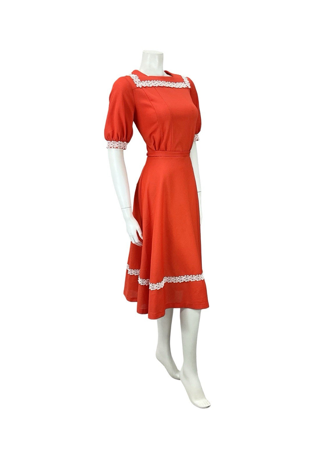 VTG 70S BRIGHT RED WHITE FLORAL LACE PUFF SLEEVE COTTAGE A LINE DRESS 8 10 S