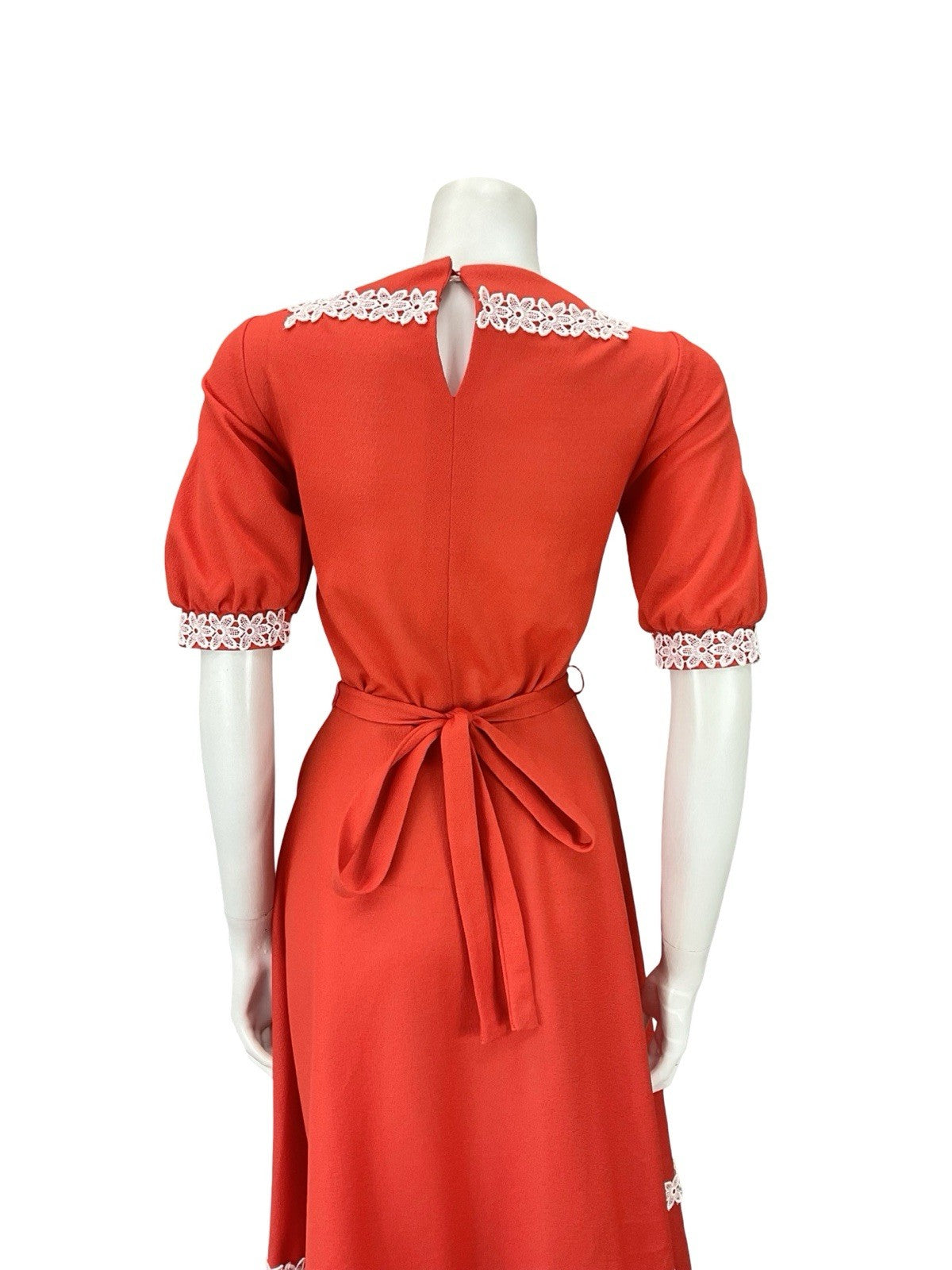VTG 70S BRIGHT RED WHITE FLORAL LACE PUFF SLEEVE COTTAGE A LINE DRESS 8 10 S