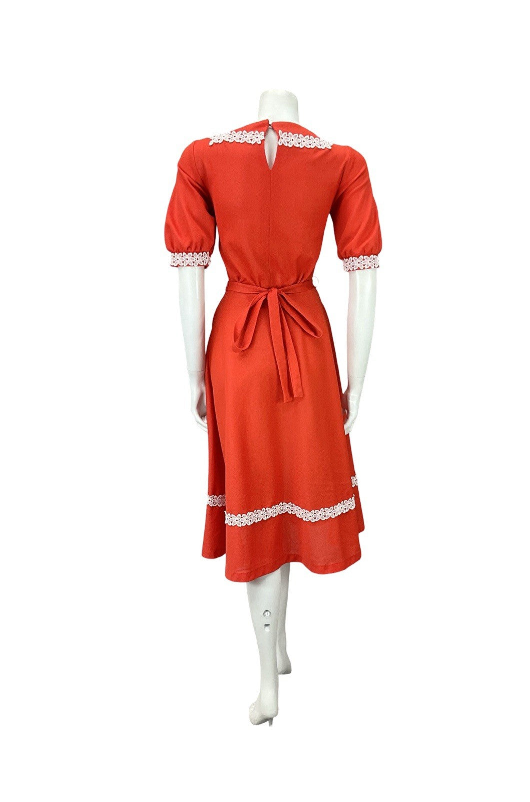 VTG 70S BRIGHT RED WHITE FLORAL LACE PUFF SLEEVE COTTAGE A LINE DRESS 8 10 S