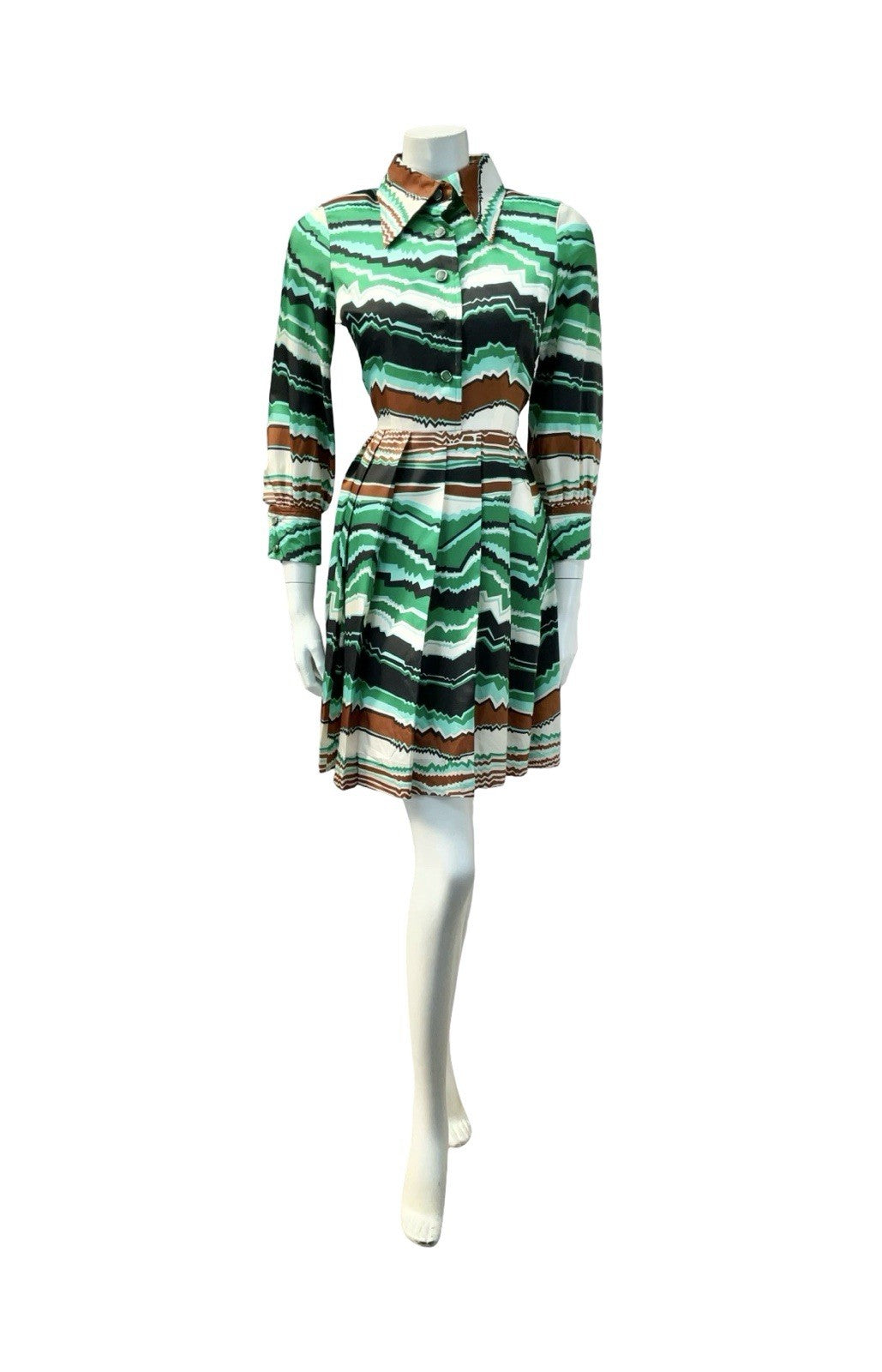 VTG 60S 70S GREEN BROWN BLACK CREAM MOD DAGGER GEOMETRIC ZIG ZAG SHIRT DRESS 8