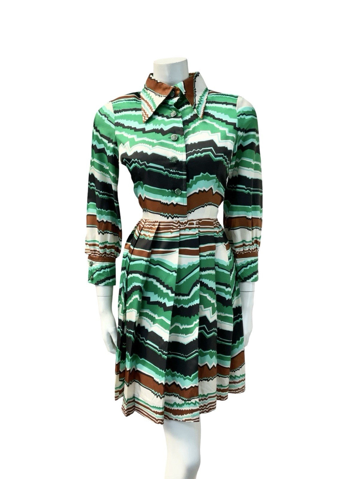 VTG 60S 70S GREEN BROWN BLACK CREAM MOD DAGGER GEOMETRIC ZIG ZAG SHIRT DRESS 8