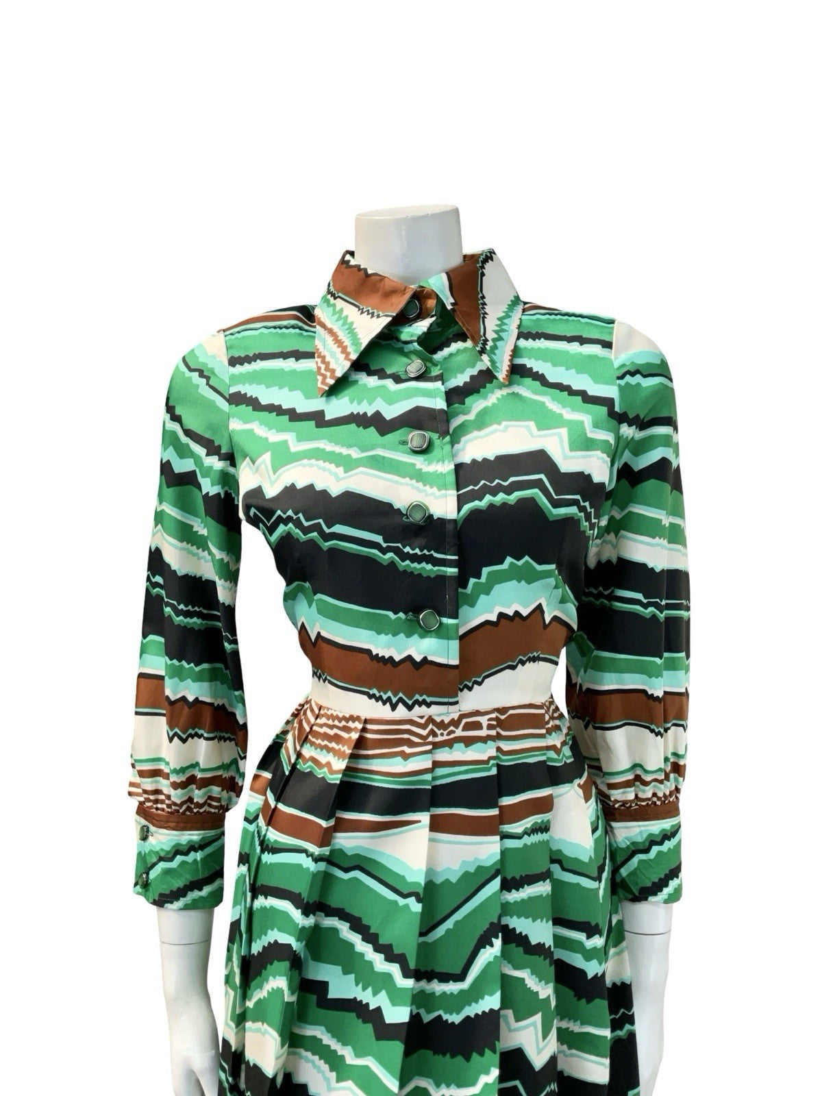VTG 60S 70S GREEN BROWN BLACK CREAM MOD DAGGER GEOMETRIC ZIG ZAG SHIRT DRESS 8