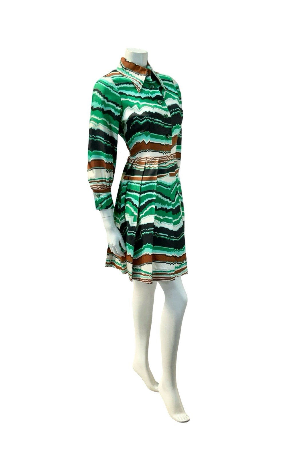 VTG 60S 70S GREEN BROWN BLACK CREAM MOD DAGGER GEOMETRIC ZIG ZAG SHIRT DRESS 8