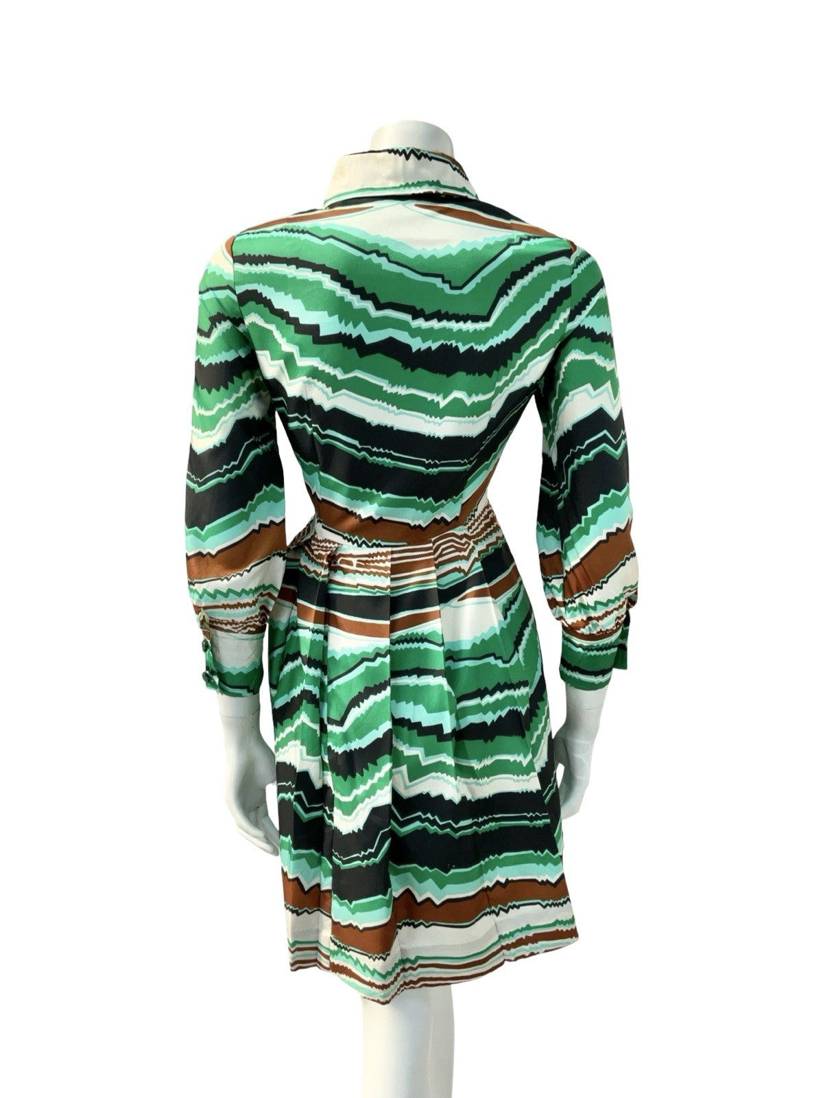 VTG 60S 70S GREEN BROWN BLACK CREAM MOD DAGGER GEOMETRIC ZIG ZAG SHIRT DRESS 8