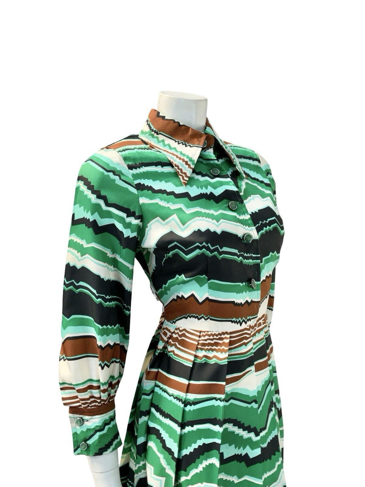 VTG 60S 70S GREEN BROWN BLACK CREAM MOD DAGGER GEOMETRIC ZIG ZAG SHIRT DRESS 8