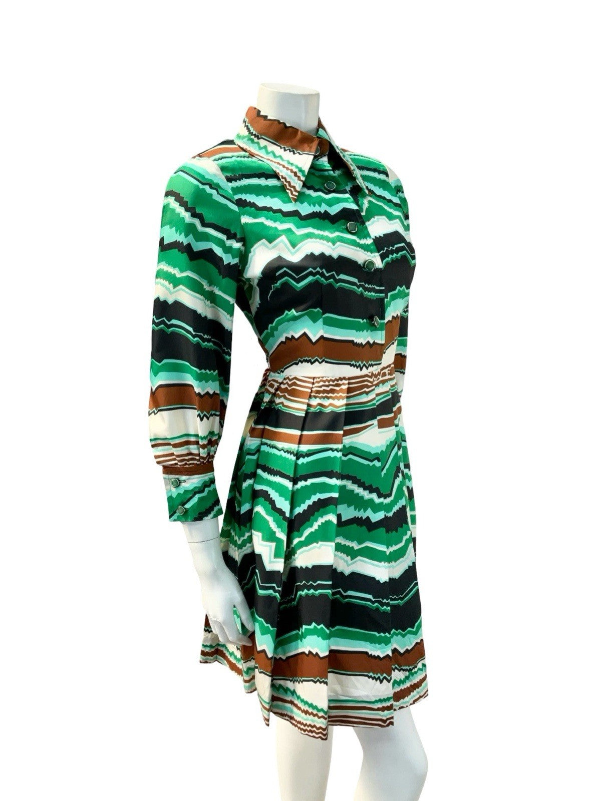 VTG 60S 70S GREEN BROWN BLACK CREAM MOD DAGGER GEOMETRIC ZIG ZAG SHIRT DRESS 8
