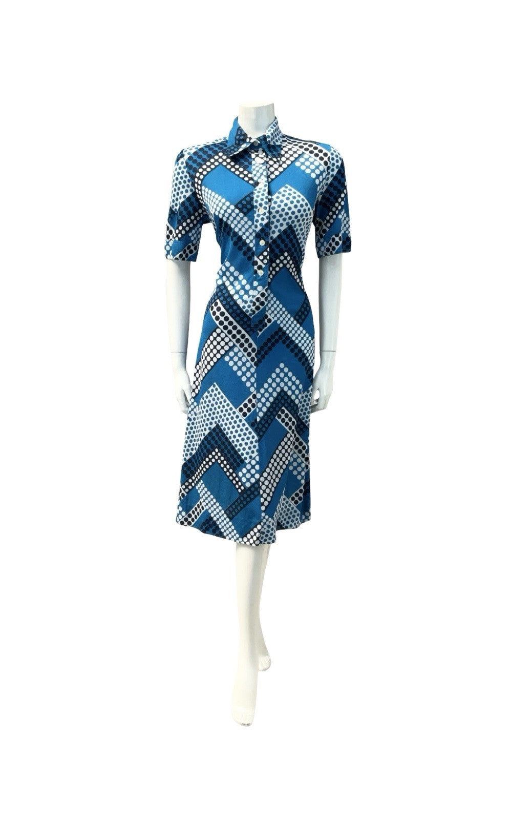 VTG 60S 70S BLUE WHITE GEOMETRIC ZIG ZAG DOT DAGGER SHIRT MIDI DRESS 12