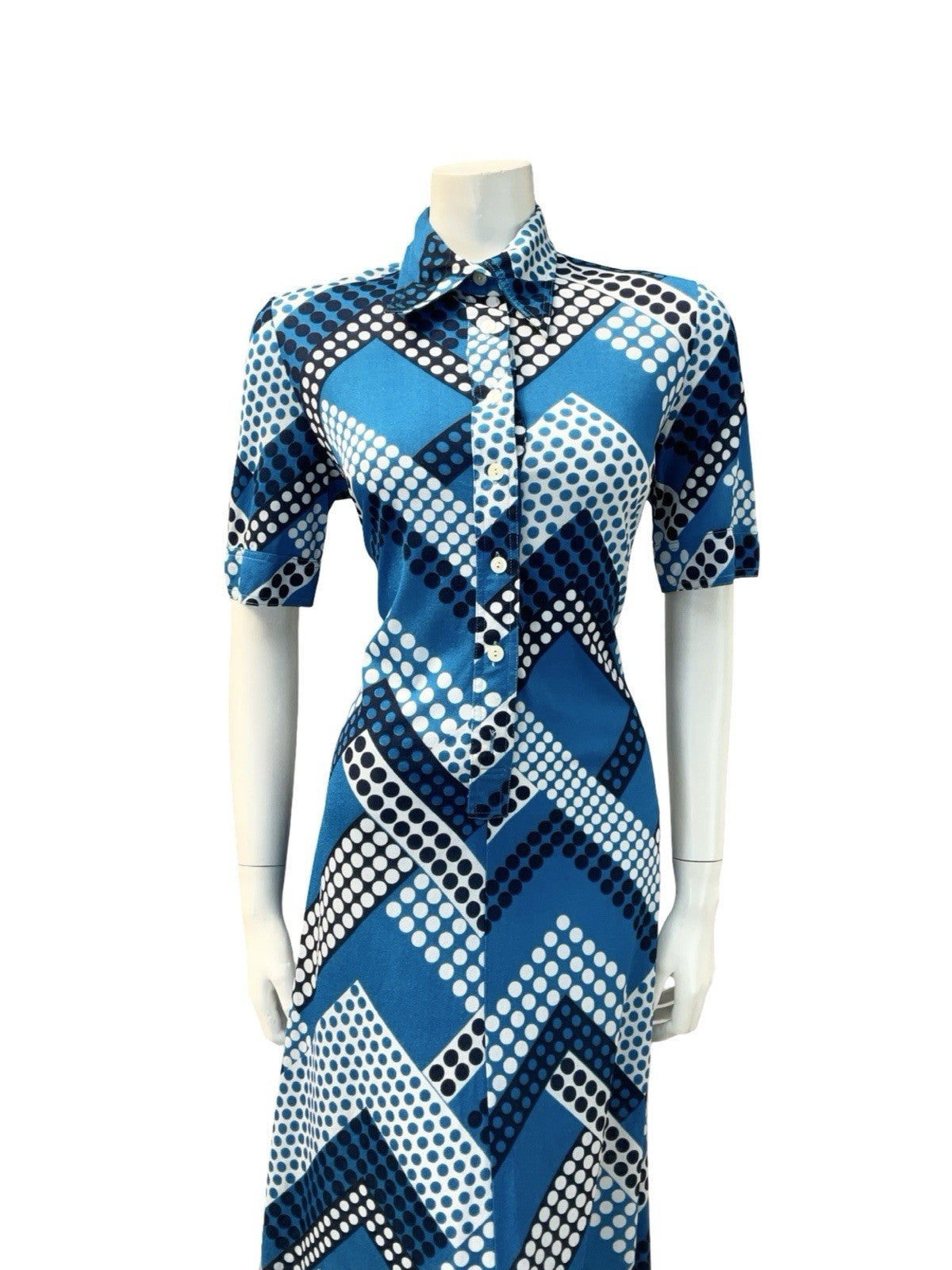 VTG 60S 70S BLUE WHITE GEOMETRIC ZIG ZAG DOT DAGGER SHIRT MIDI DRESS 12