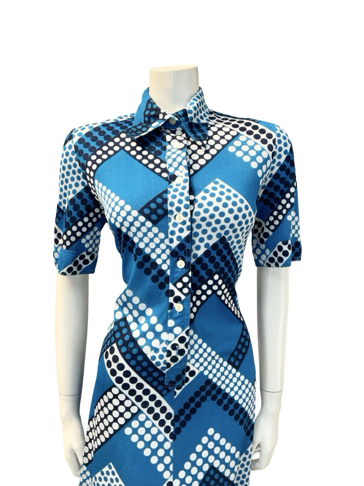 VTG 60S 70S BLUE WHITE GEOMETRIC ZIG ZAG DOT DAGGER SHIRT MIDI DRESS 12