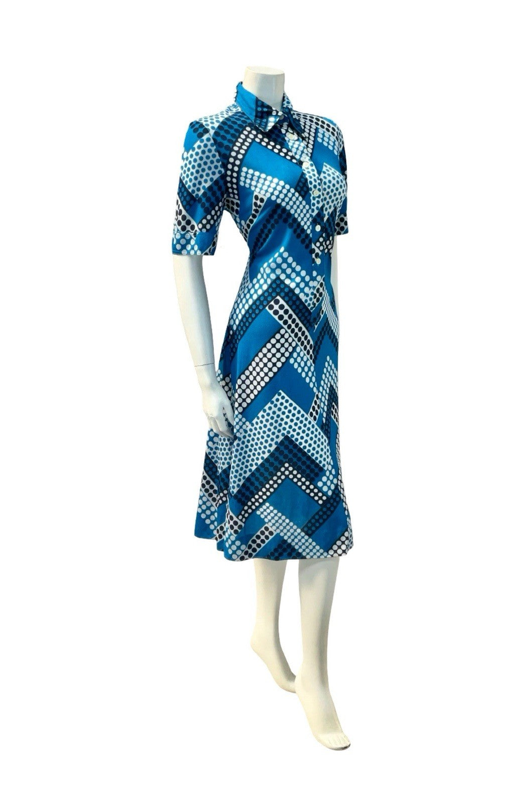 VTG 60S 70S BLUE WHITE GEOMETRIC ZIG ZAG DOT DAGGER SHIRT MIDI DRESS 12
