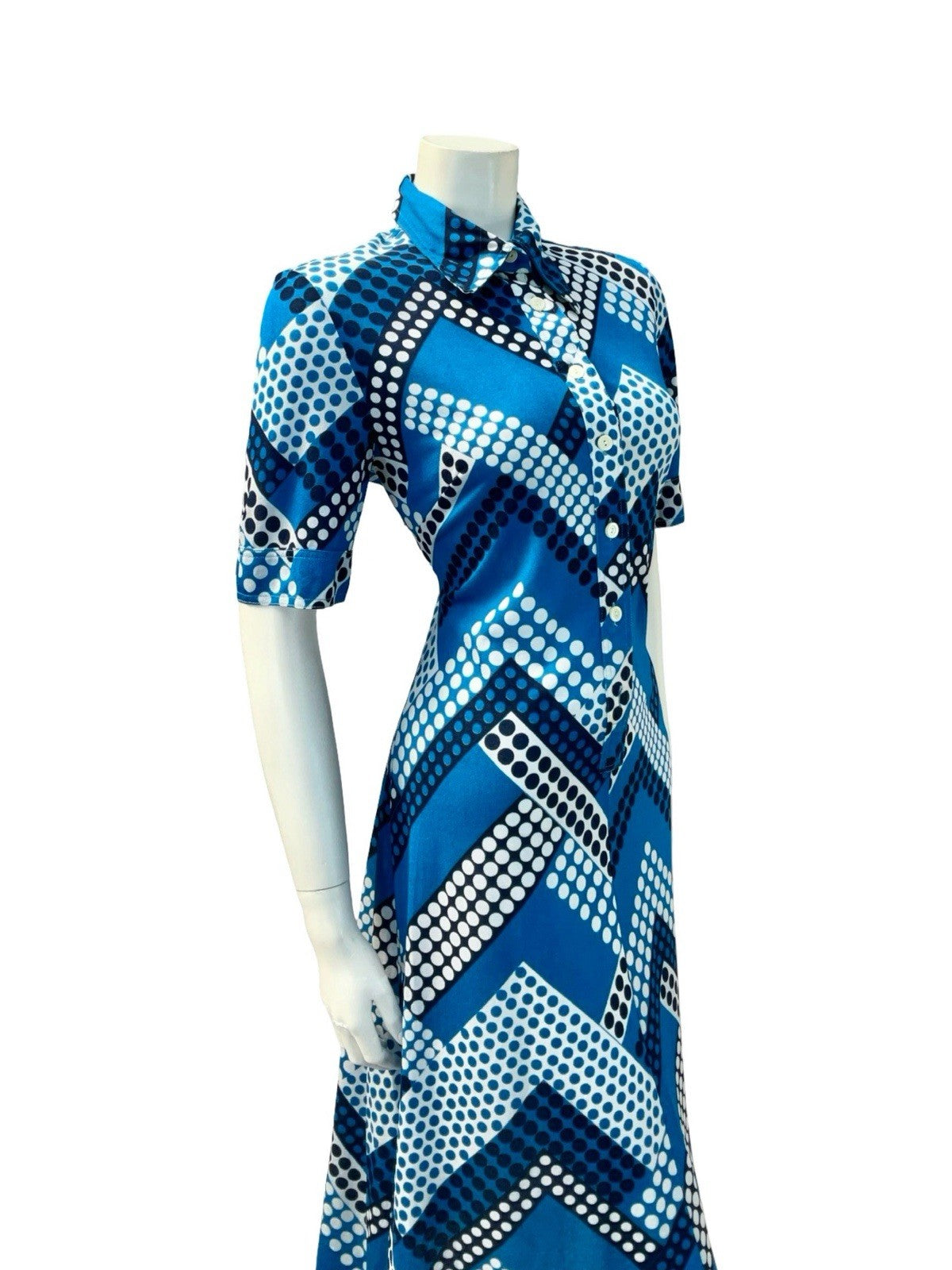 VTG 60S 70S BLUE WHITE GEOMETRIC ZIG ZAG DOT DAGGER SHIRT MIDI DRESS 12