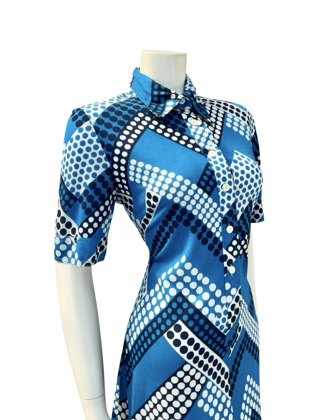 VTG 60S 70S BLUE WHITE GEOMETRIC ZIG ZAG DOT DAGGER SHIRT MIDI DRESS 12