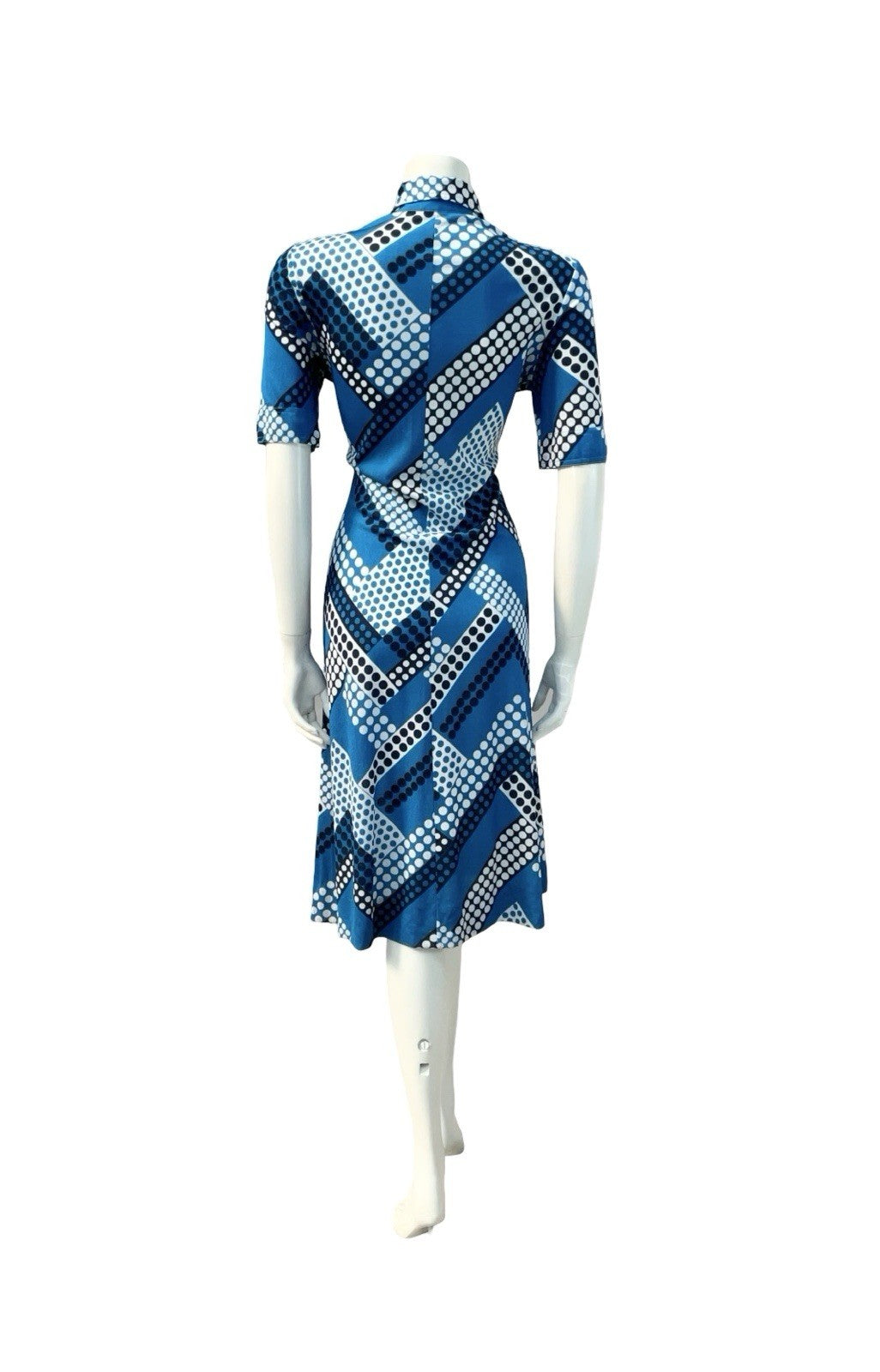 VTG 60S 70S BLUE WHITE GEOMETRIC ZIG ZAG DOT DAGGER SHIRT MIDI DRESS 12