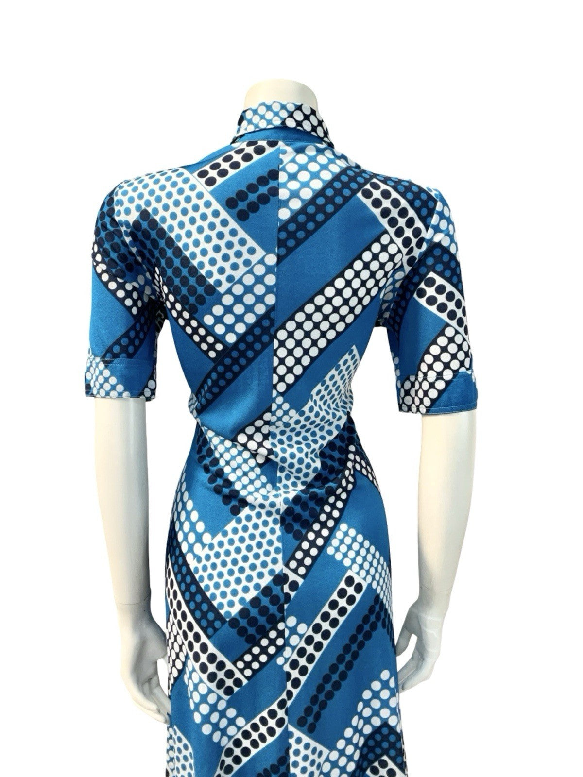 VTG 60S 70S BLUE WHITE GEOMETRIC ZIG ZAG DOT DAGGER SHIRT MIDI DRESS 12