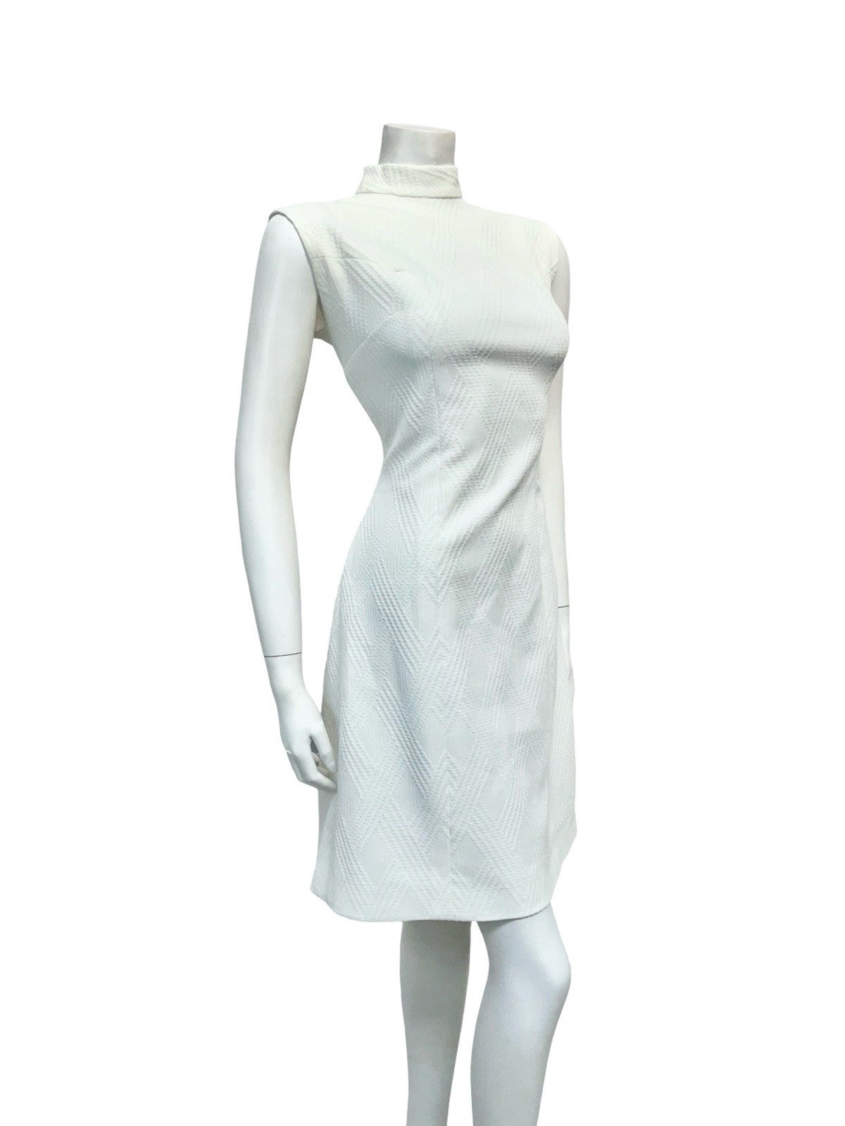 VTG 60S MOD GOGO PURE WHITE MONOCHROME FUNNEL NECK MINI WIGGLE DRESS 14