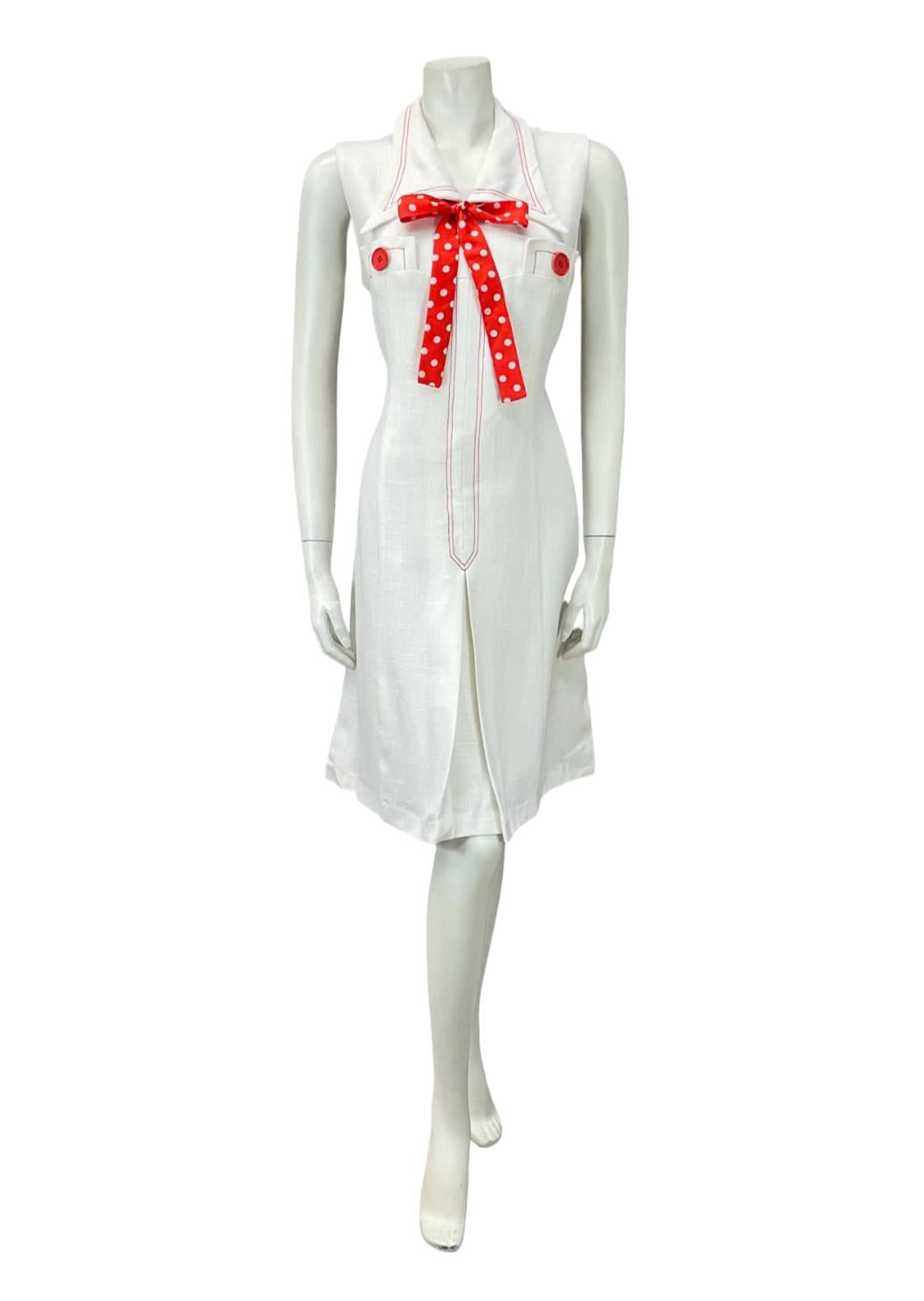VTG 60S 70S WHITE RED POLKA DOT BOW CONTRAST STITCH DAGGER MOD SHIRT DRESS 14