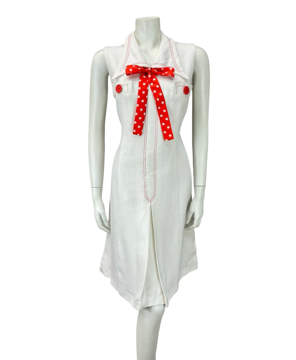 VTG 60S 70S WHITE RED POLKA DOT BOW CONTRAST STITCH DAGGER MOD SHIRT DRESS 14