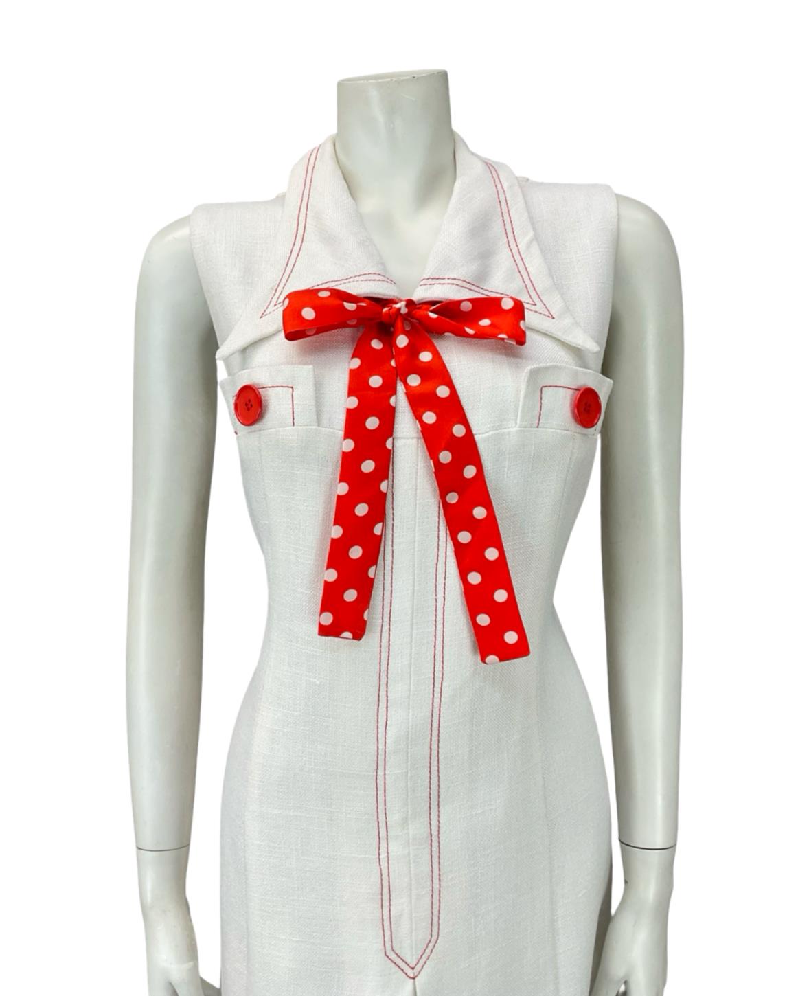 VTG 60S 70S WHITE RED POLKA DOT BOW CONTRAST STITCH DAGGER MOD SHIRT DRESS 14