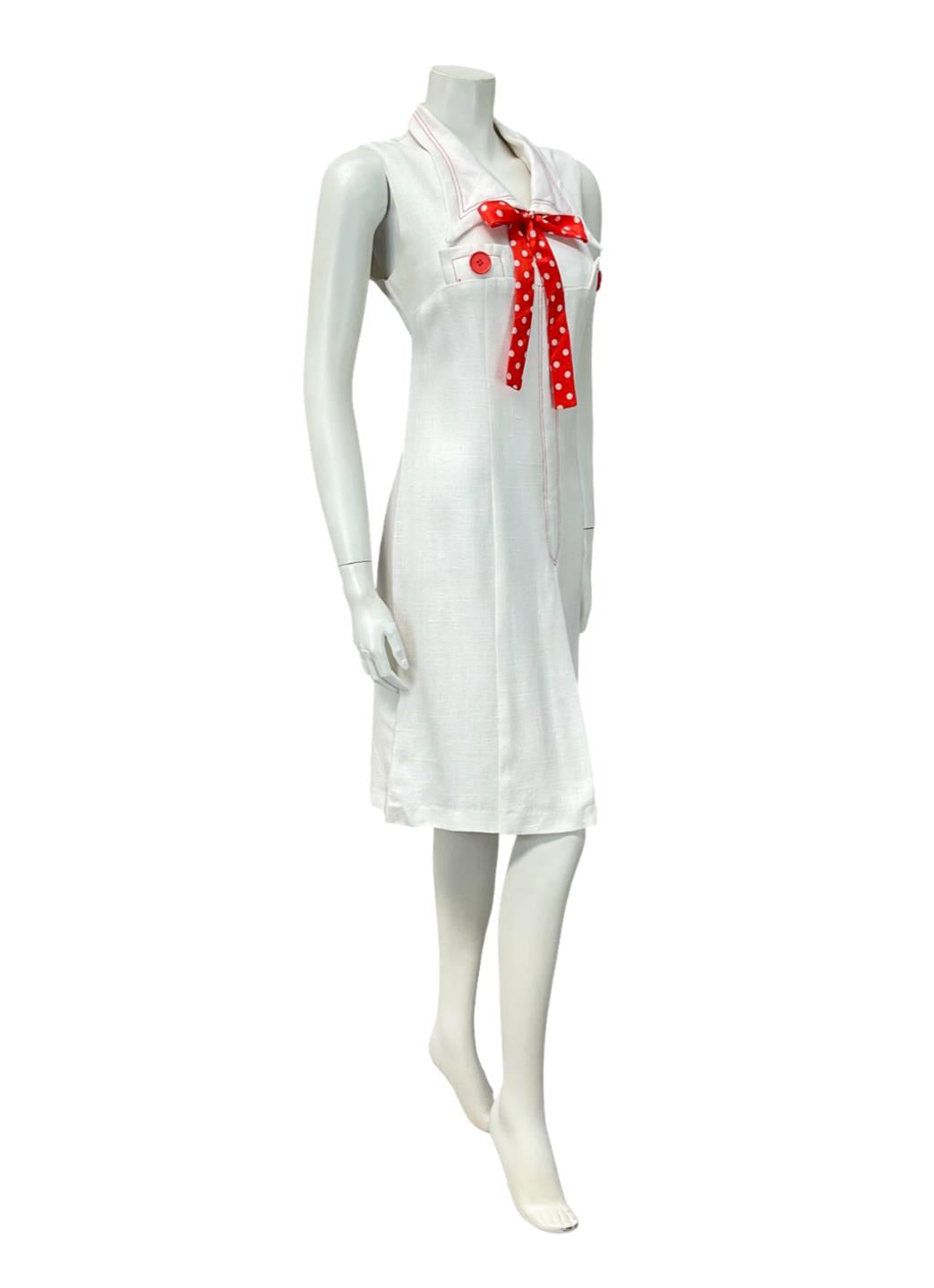 VTG 60S 70S WHITE RED POLKA DOT BOW CONTRAST STITCH DAGGER MOD SHIRT DRESS 14