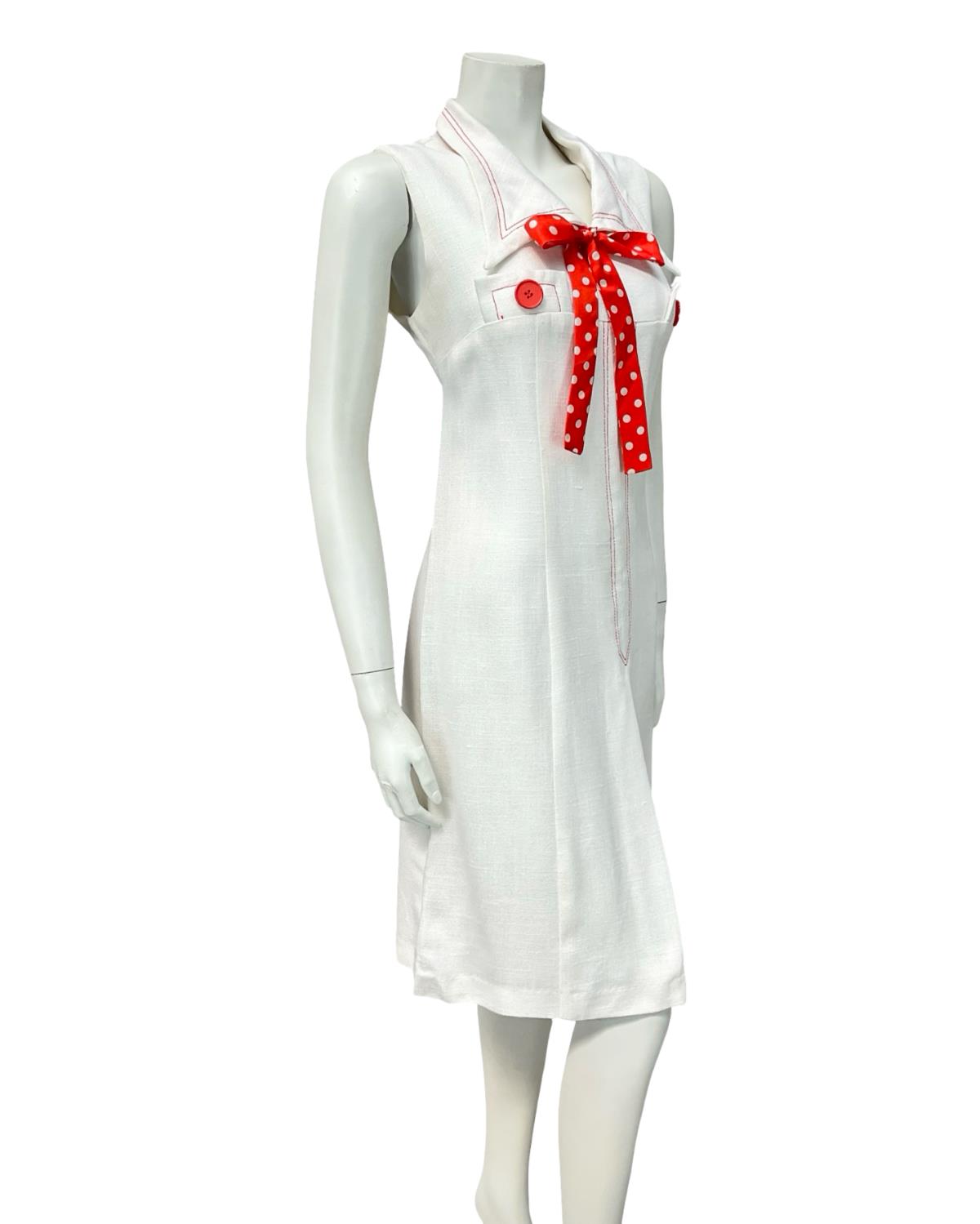 VTG 60S 70S WHITE RED POLKA DOT BOW CONTRAST STITCH DAGGER MOD SHIRT DRESS 14