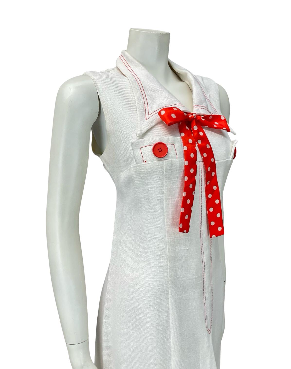 VTG 60S 70S WHITE RED POLKA DOT BOW CONTRAST STITCH DAGGER MOD SHIRT DRESS 14