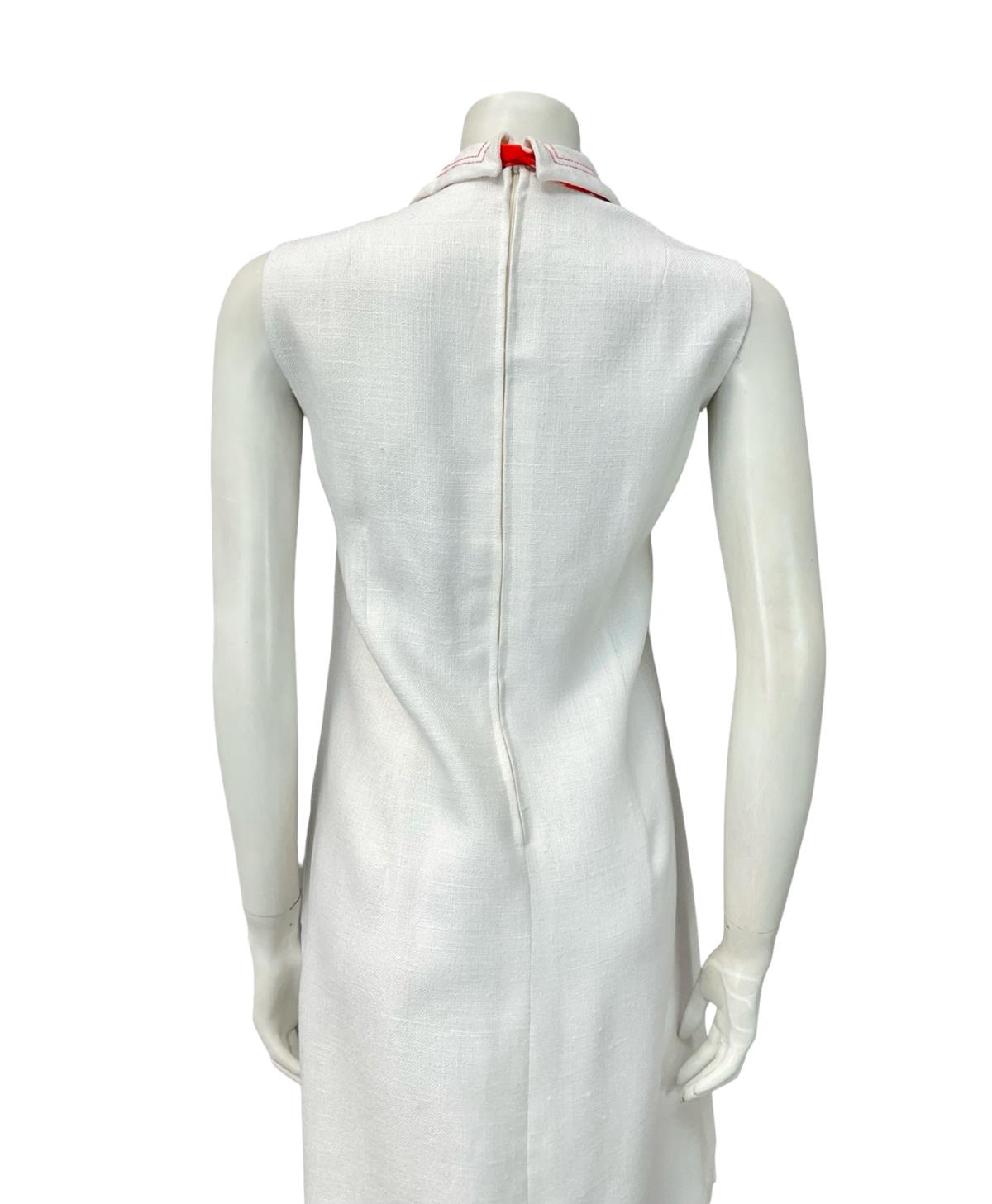 VTG 60S 70S WHITE RED POLKA DOT BOW CONTRAST STITCH DAGGER MOD SHIRT DRESS 14