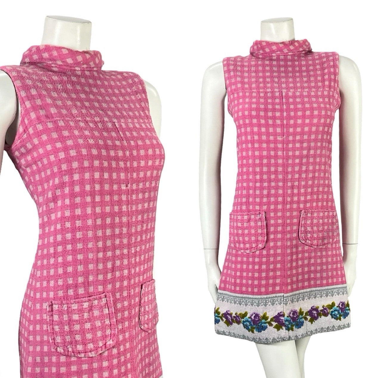 VTG 60S PINK GREY MOD GOGO GEOMETRIC FLORAL TOWELLING SHIFT DRESS 8