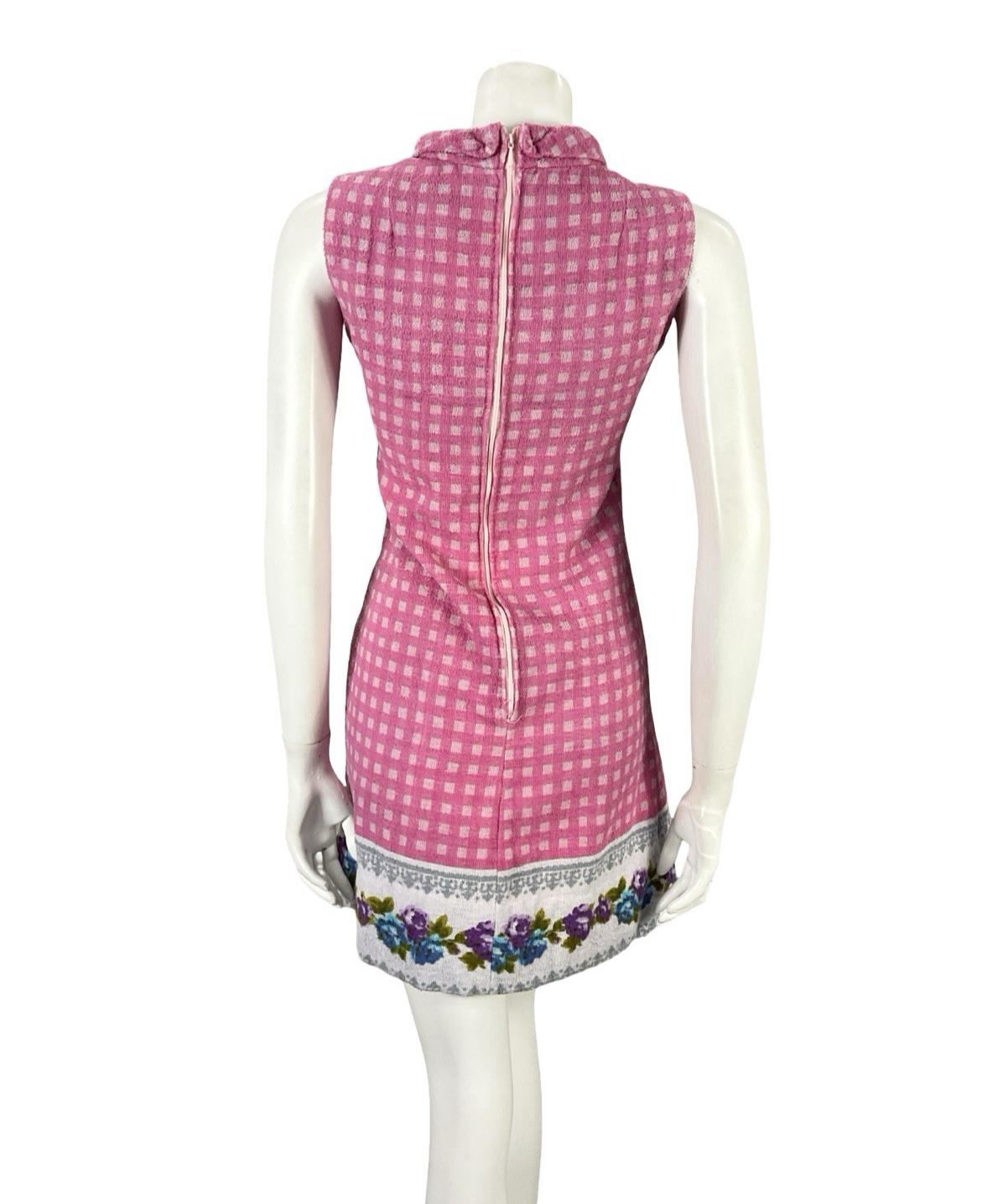 VTG 60S PINK GREY MOD GOGO GEOMETRIC FLORAL TOWELLING SHIFT DRESS 8