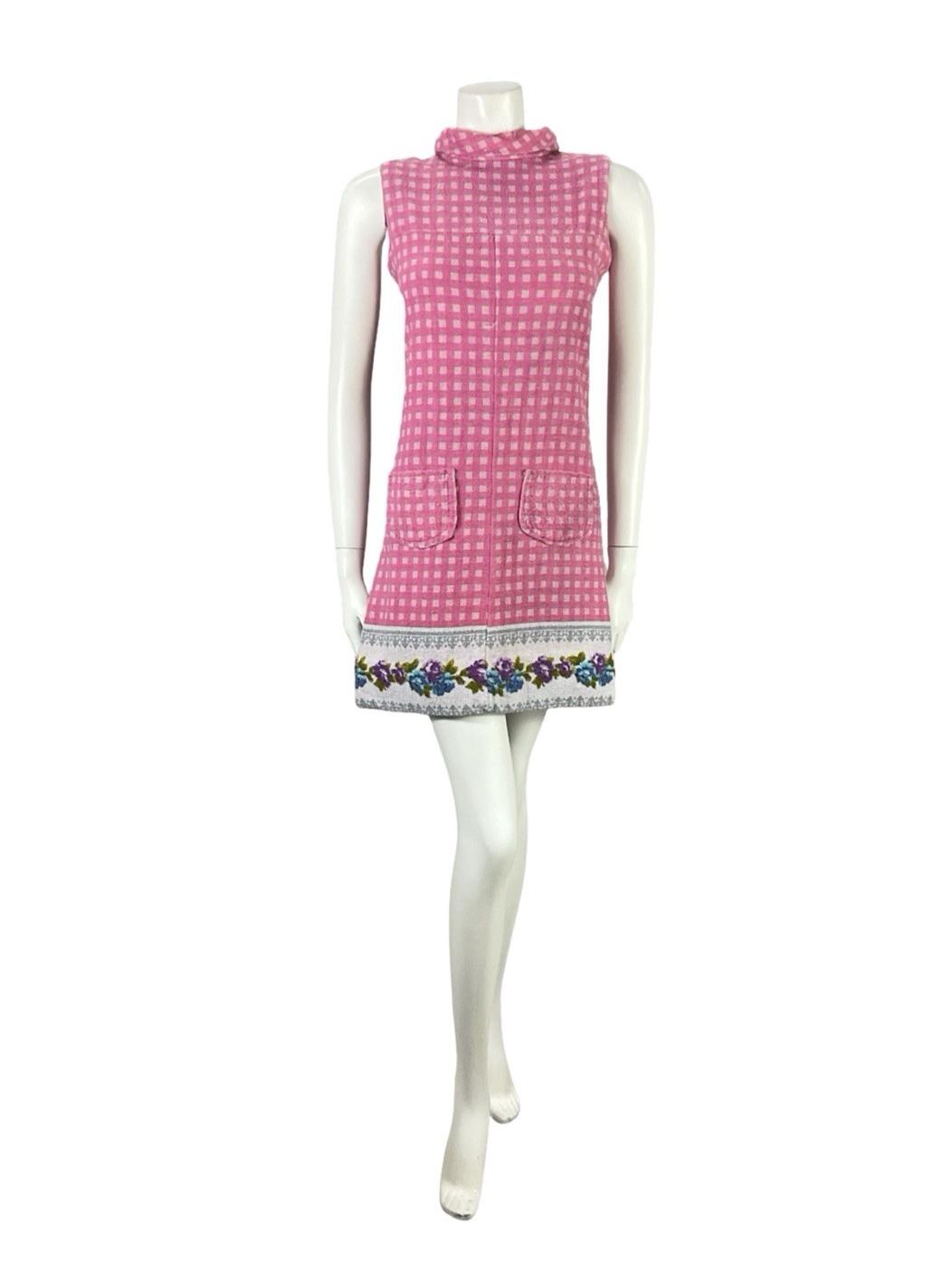 VTG 60S PINK GREY MOD GOGO GEOMETRIC FLORAL TOWELLING SHIFT DRESS 8
