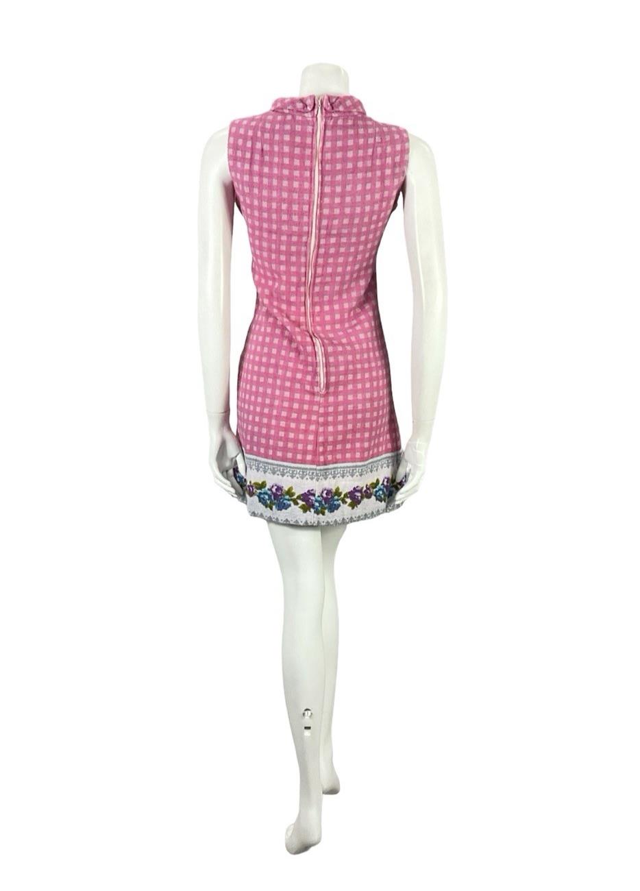 VTG 60S PINK GREY MOD GOGO GEOMETRIC FLORAL TOWELLING SHIFT DRESS 8