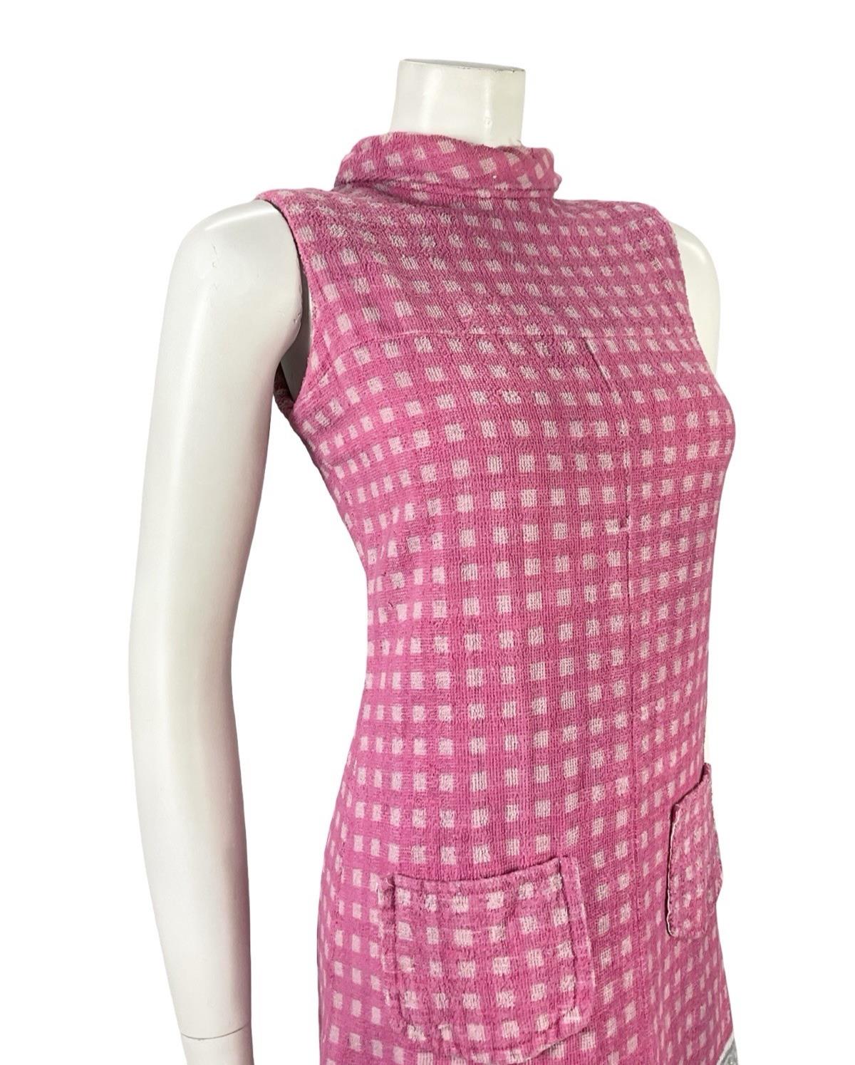 VTG 60S PINK GREY MOD GOGO GEOMETRIC FLORAL TOWELLING SHIFT DRESS 8